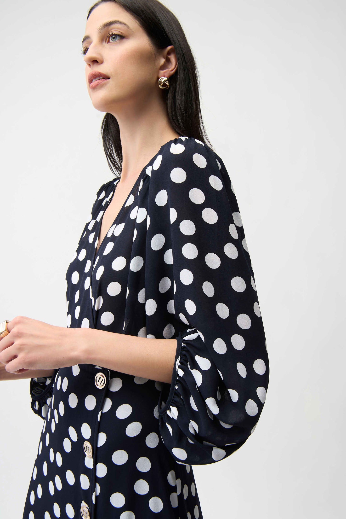 JOSEPH RIBKOFF 261901 Georgette Dot Print Wrap Dress With Puff Sleeves