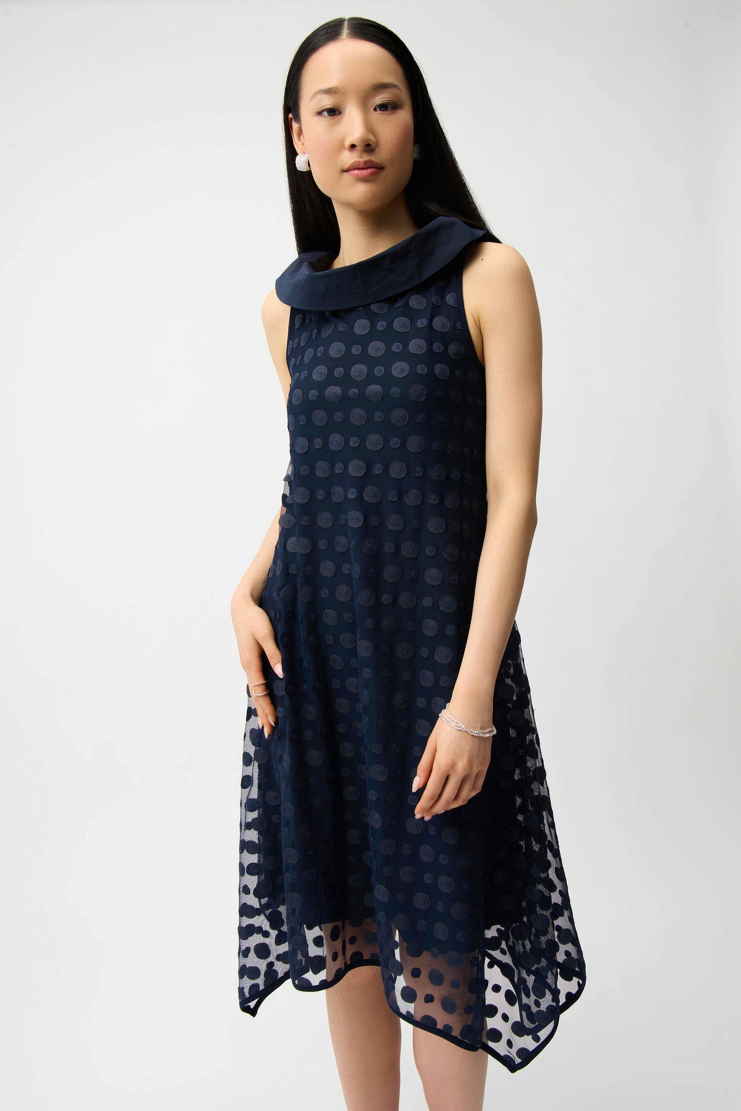 JOSEPH RIBKOFF 261299 Dot Embroidered Mesh Handkerchief Dress With Cowl Collar