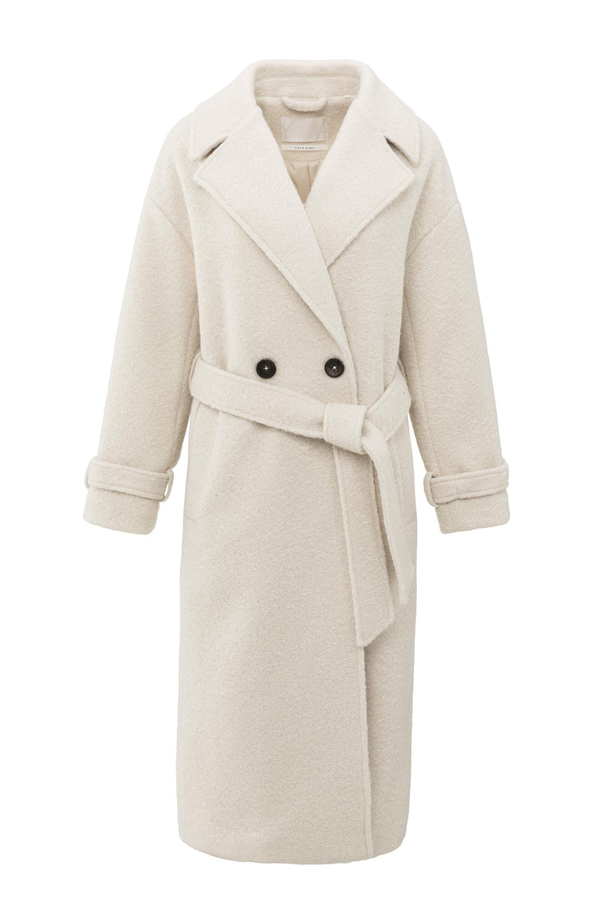Long bouclé coat with belt and oversized fit