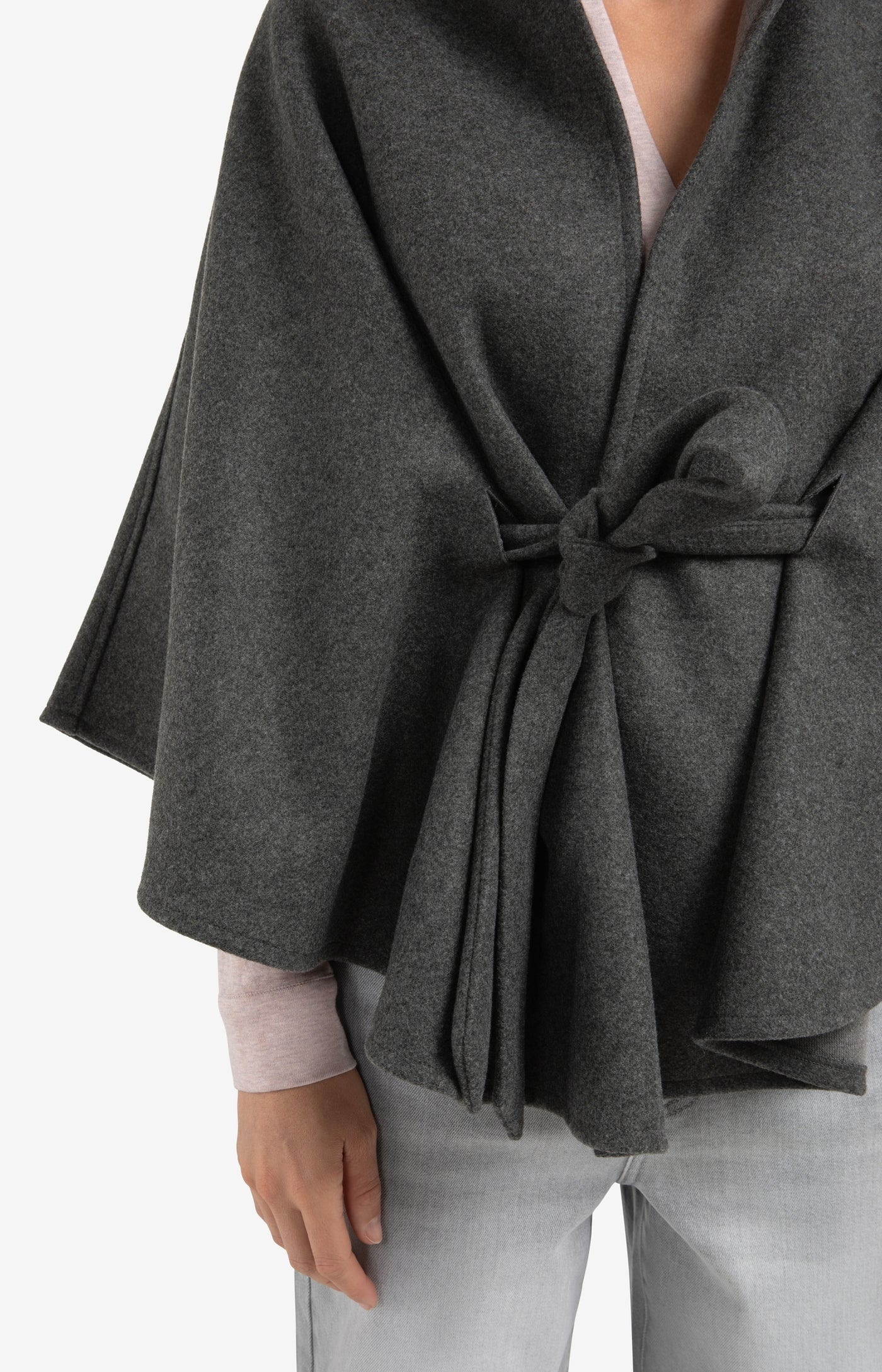 YAYA soft woven poncho with collar and belt in dark night grey melange