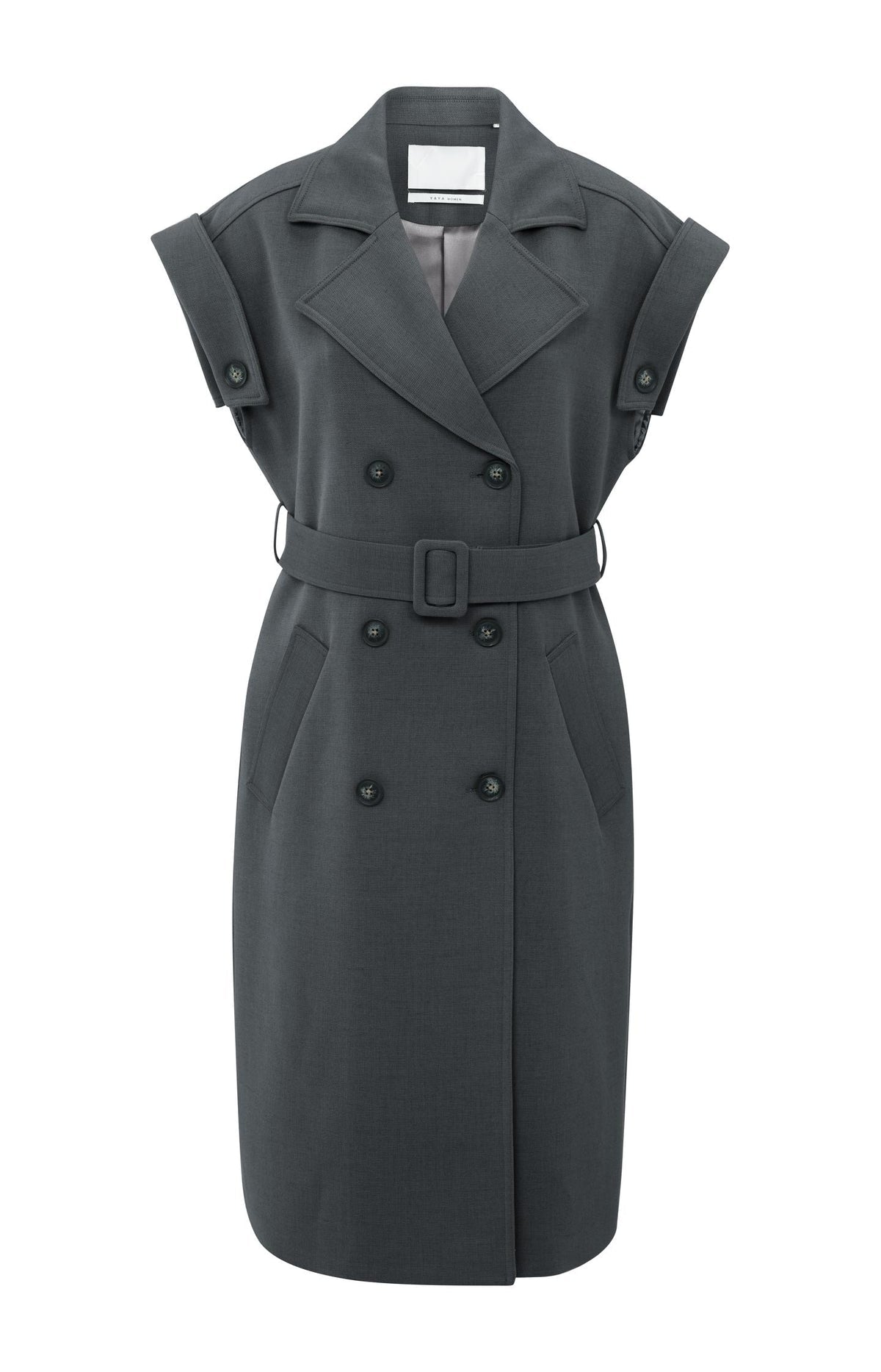 Long sleeveless coat with lapels and waist belt