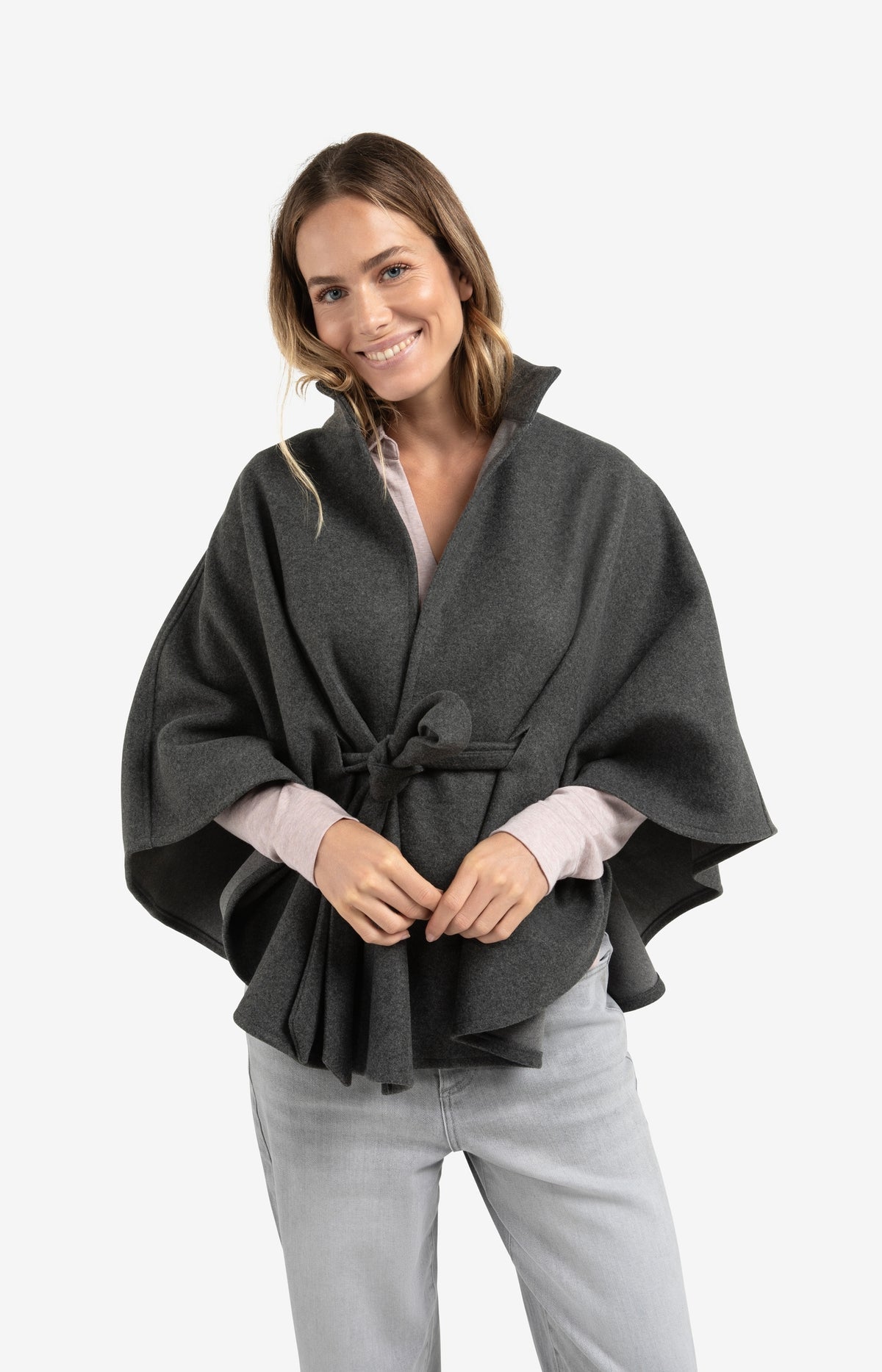YAYA soft woven poncho with collar and belt in dark night grey melange