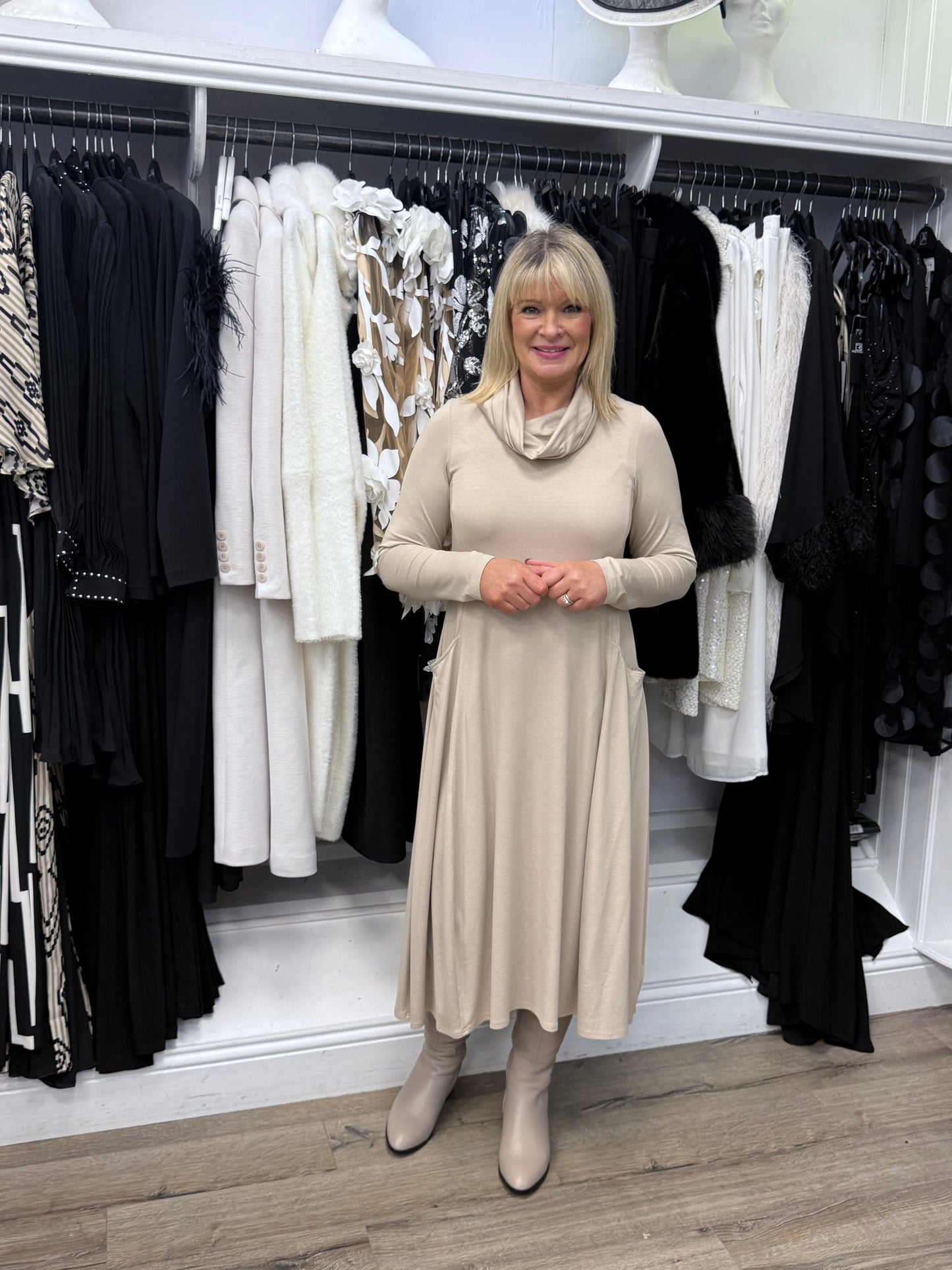 Noen Cowl Neck Pocket Dress – Relaxed A-Line Midi