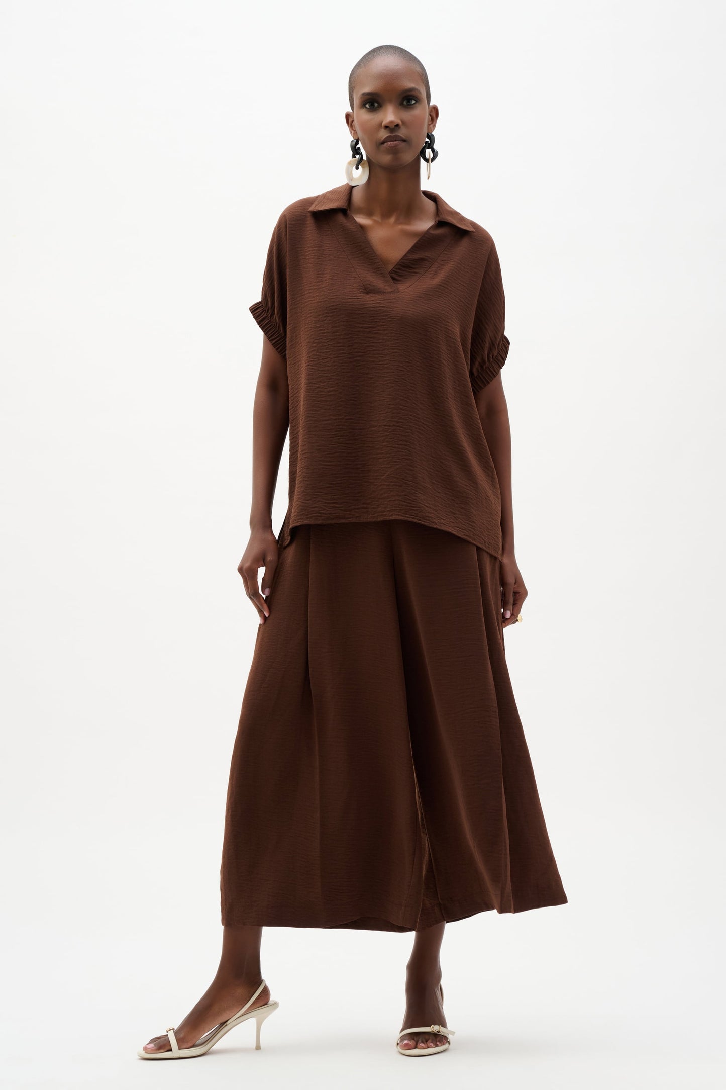 JOSEPH RIBKOFF 262078 Woven Gauze Boxy Top With Shirred Sleeves