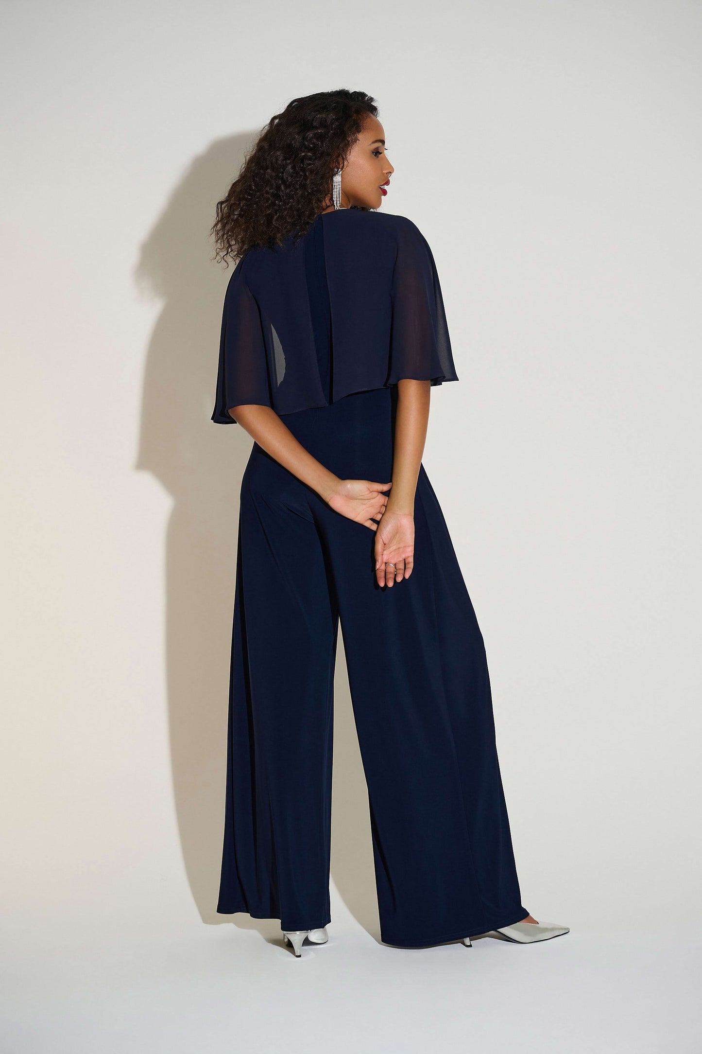 JOSEPH RIBKOFF 253723 Signature | Silky Knit & Chiffon Wide Leg Jumpsuit with Cape
