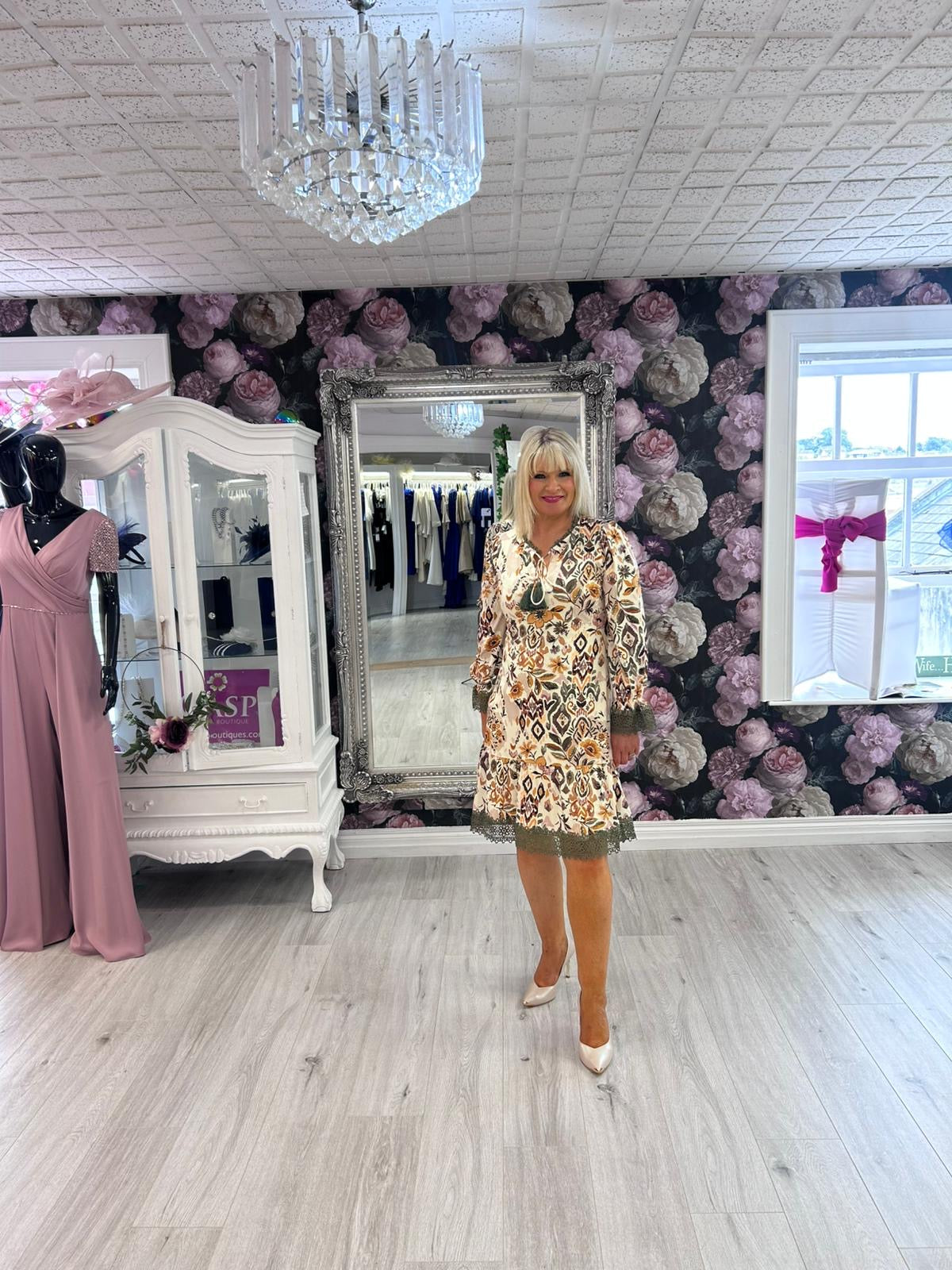 K Design Floral Print Dress with Khaki Crochet Trim – Style B114