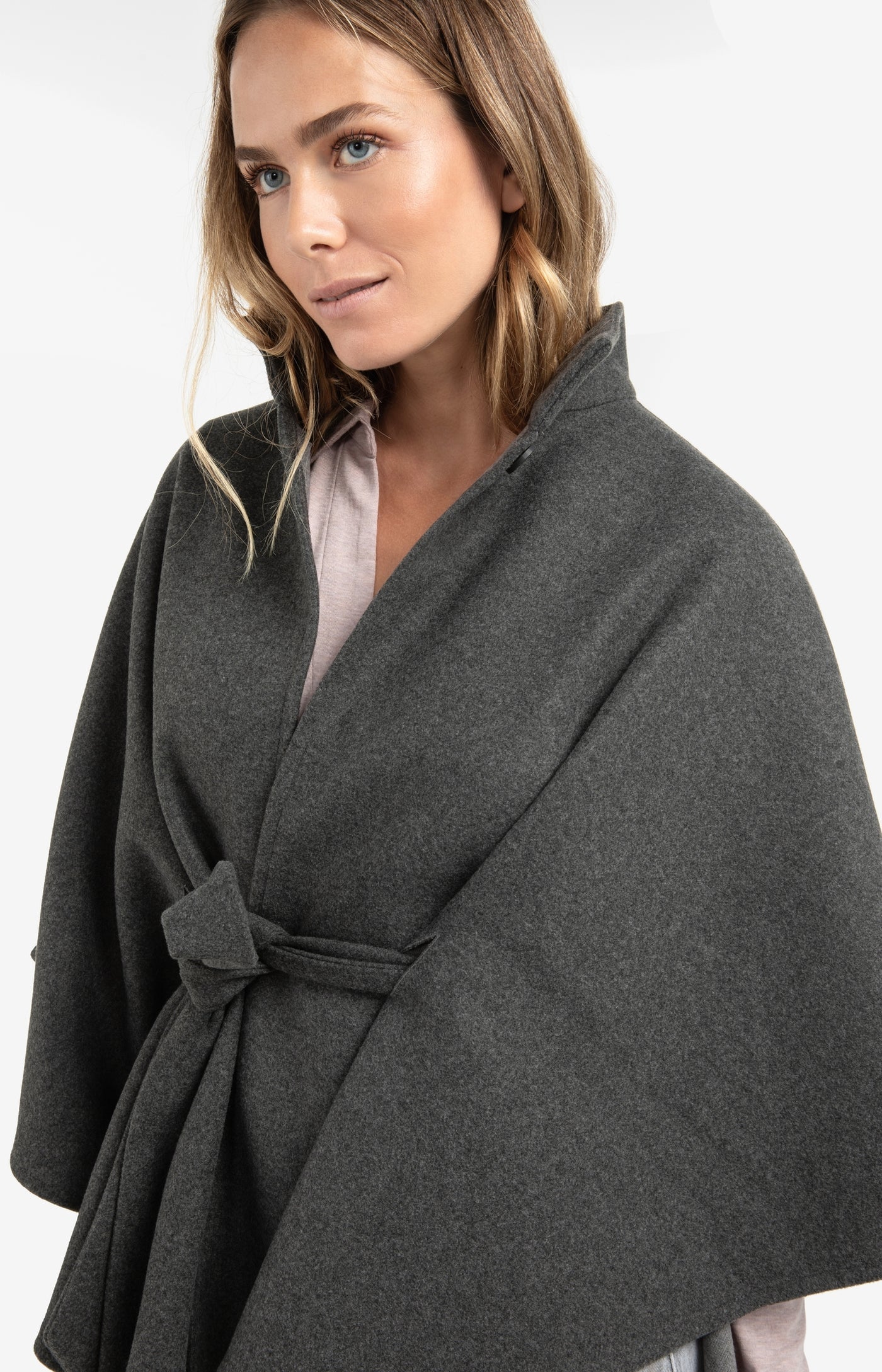 YAYA soft woven poncho with collar and belt in dark night grey melange