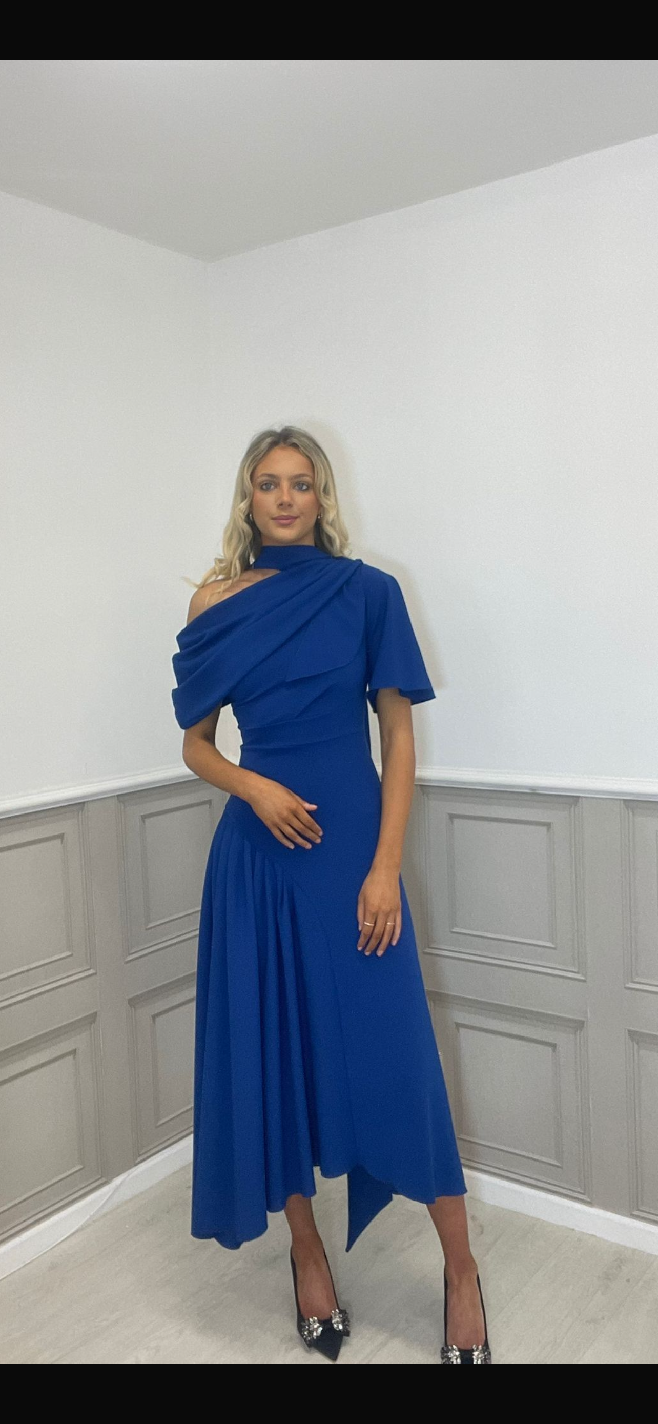 Venice royal blue dress with removable scarf.
