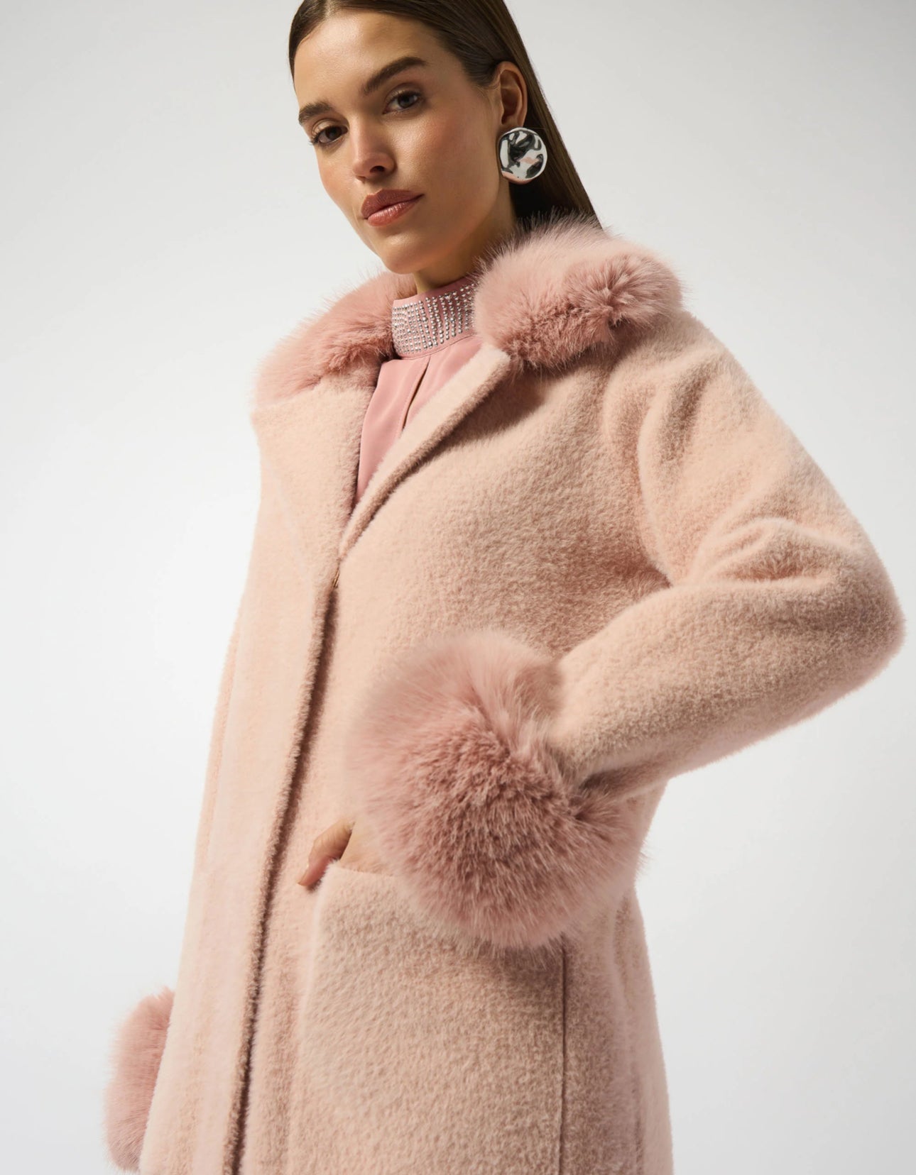 JOSEPH RIBKOFF Feather Yarn and Faux Fur Sweater Coat- 243923F25