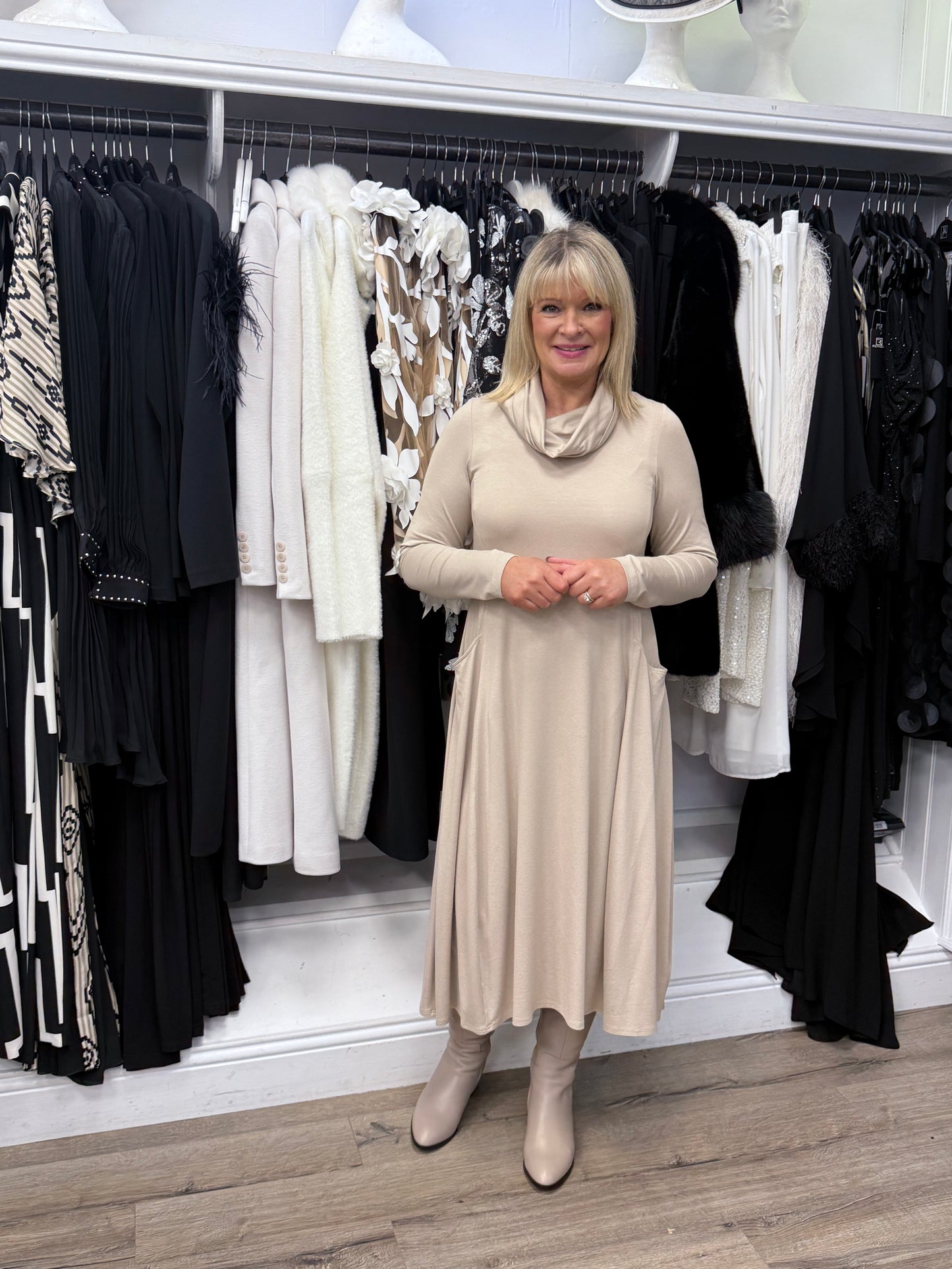 Noen Cowl Neck Pocket Dress – Relaxed A-Line Midi