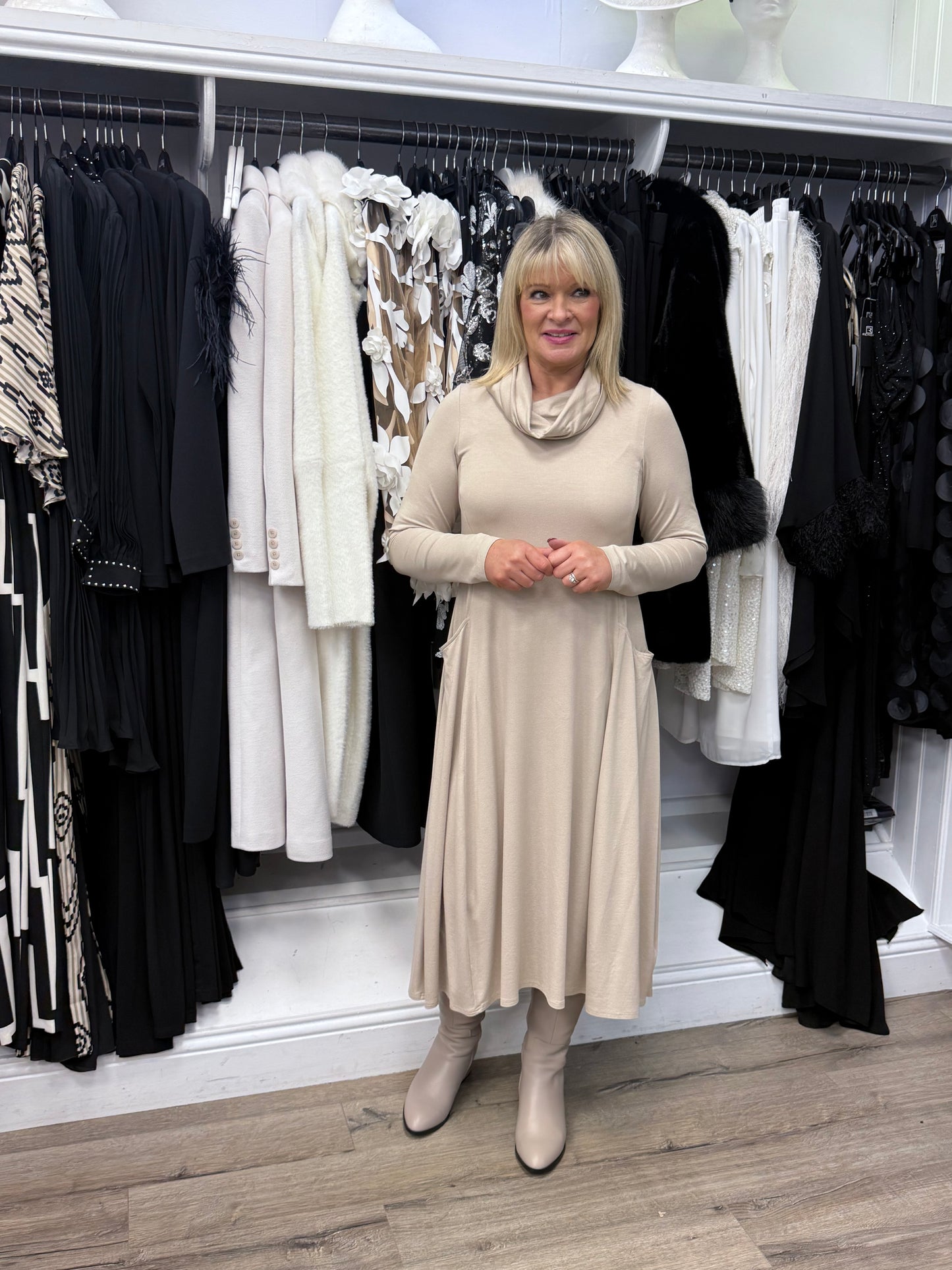 Noen Cowl Neck Pocket Dress – Relaxed A-Line Midi