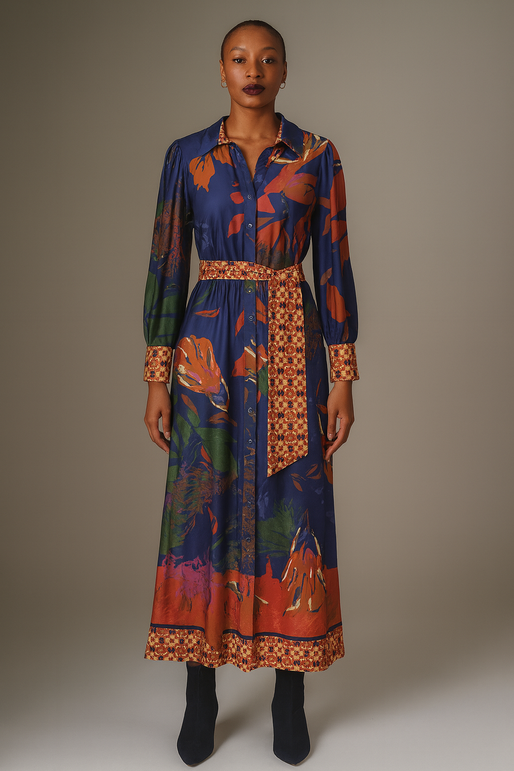 K Design Maxi Shirt Dress in Bold Navy & Orange Print – Style B119
