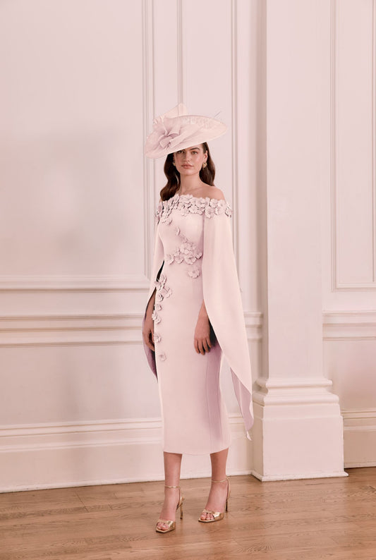 NEW John Charles 29368 Cape sleeve Off-shoulder midi dress in petal(coming soon)