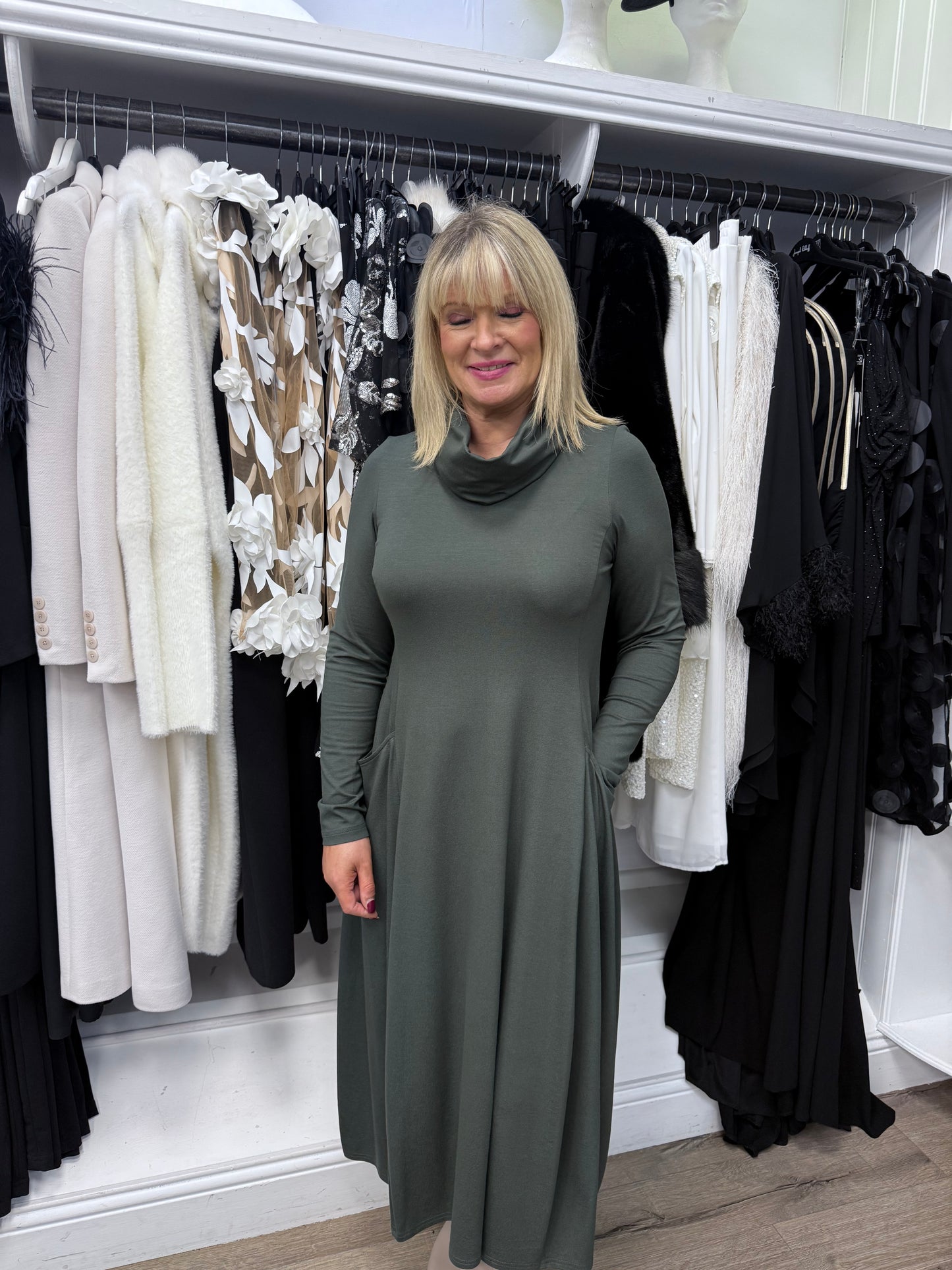 ⸻

Noen Cowl Neck Pocket Dress