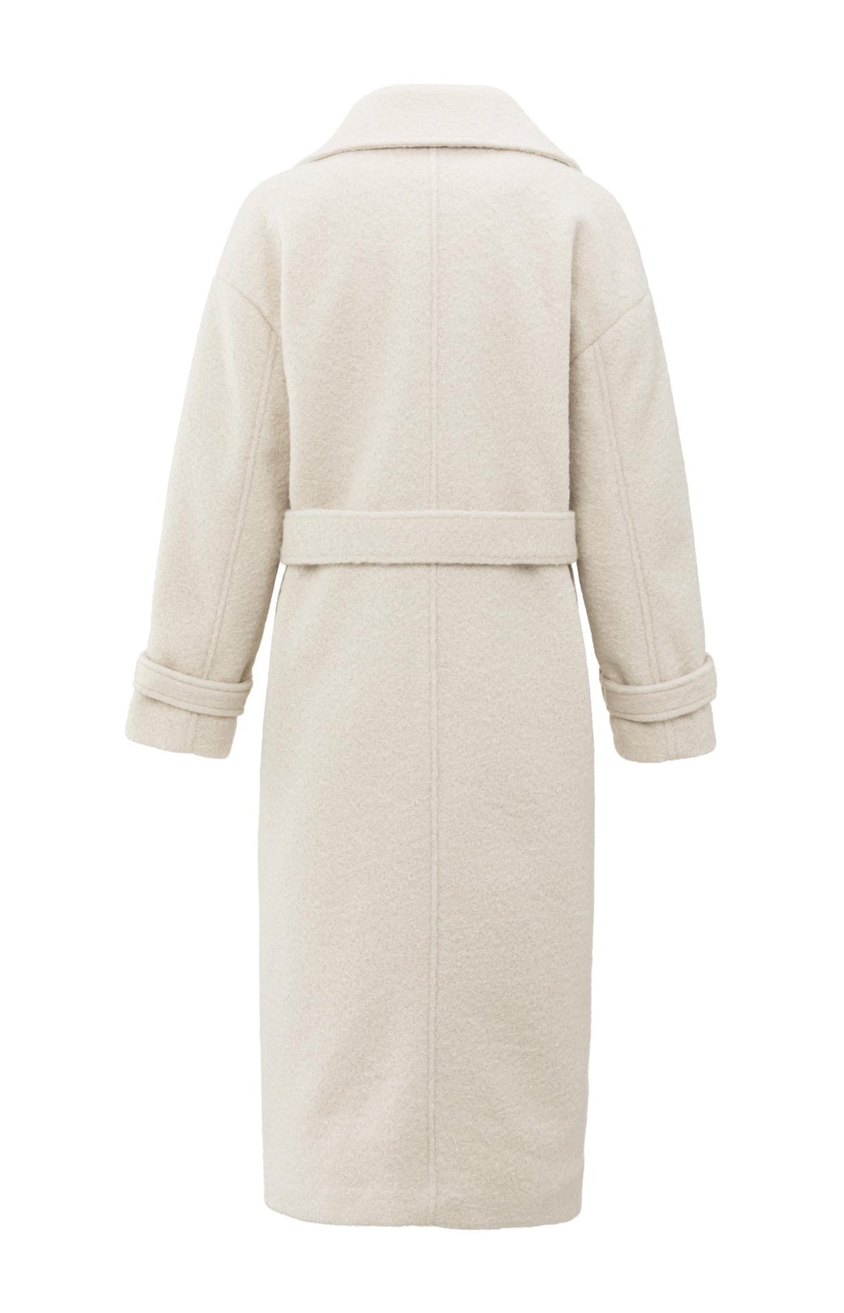 Long bouclé coat with belt and oversized fit