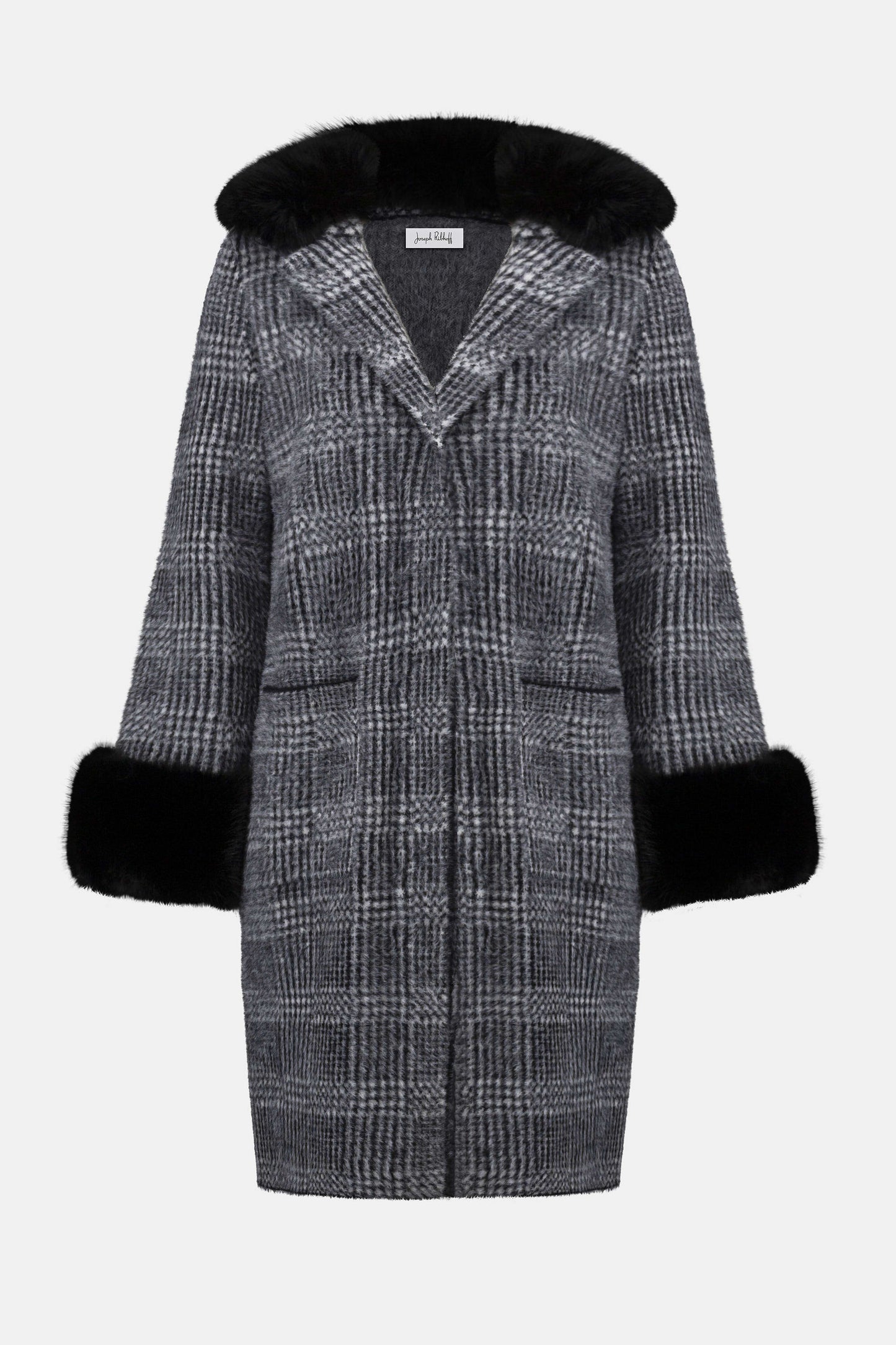Feather Yarn Plaid Jacquard Coat with Faux Fur Trim
253900