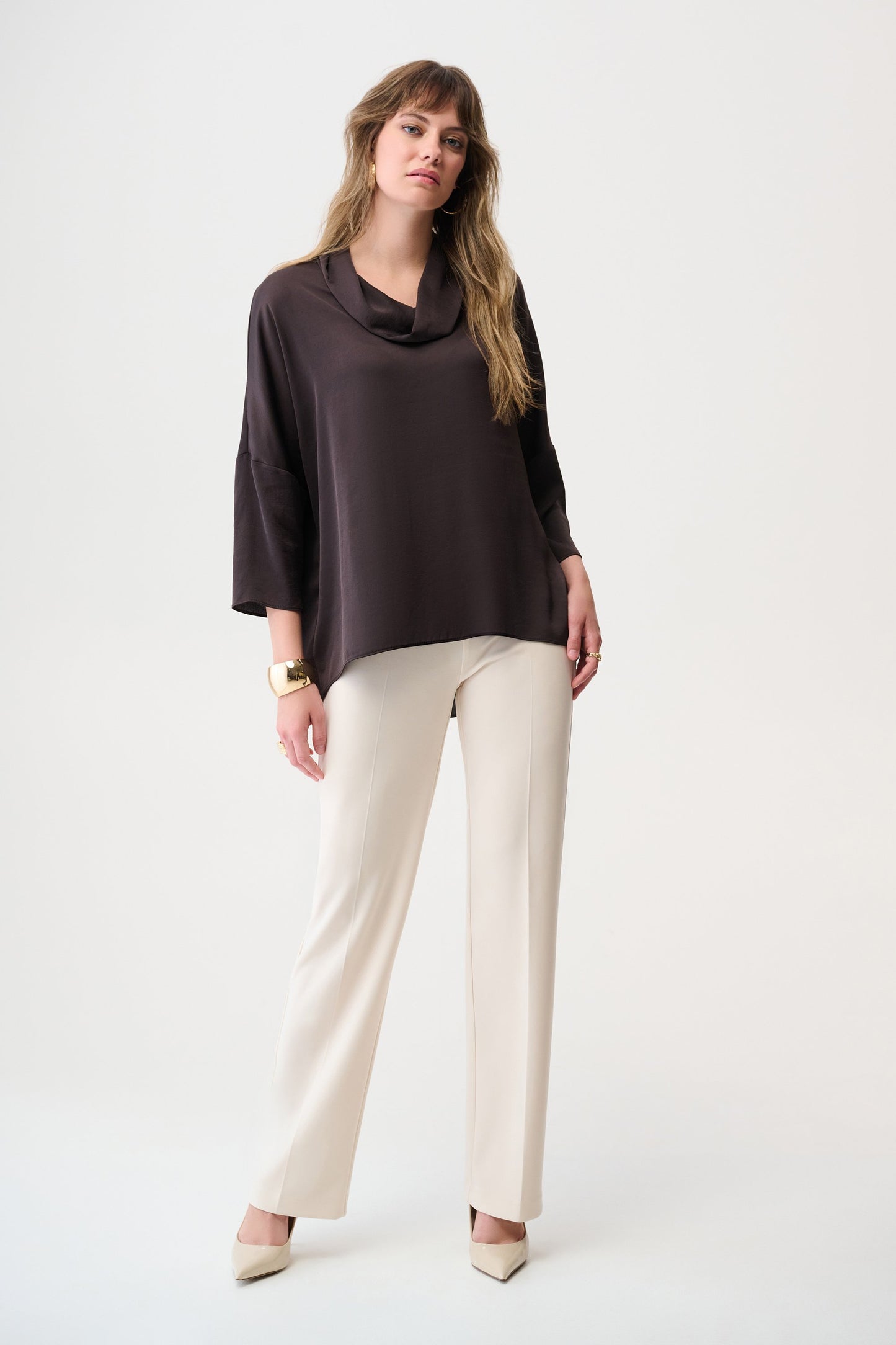 JOSEPH RIBKOFF 254217 Recycled Satin Boxy Tunic with Cowl Collar in mocha