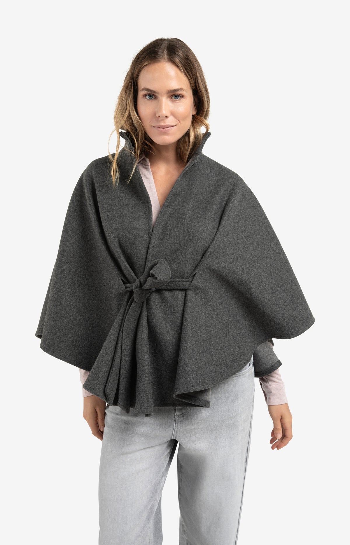 YAYA soft woven poncho with collar and belt in dark night grey melange