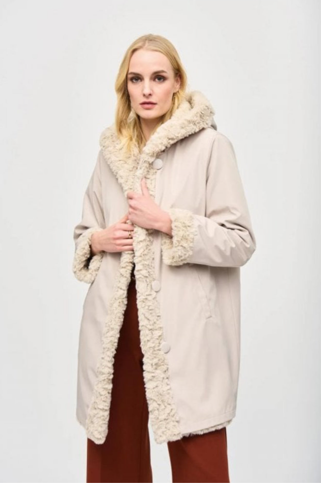JOSEPH RIBKOFF REVERSIBLE FAUX FUR COAT