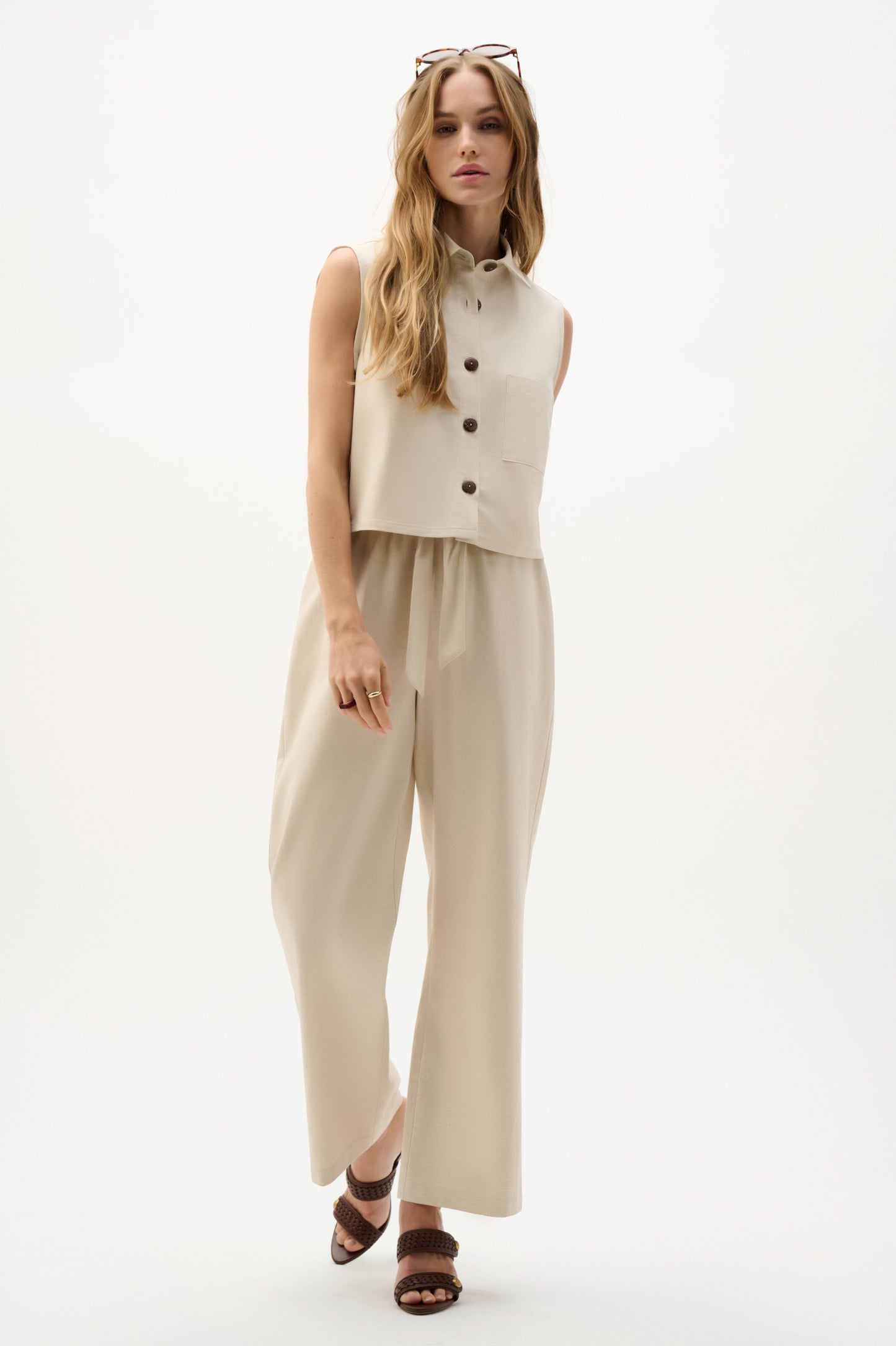 JOSEPH RIBKOFF 262040 Linen Woven Pull-On Wide Leg Pants
