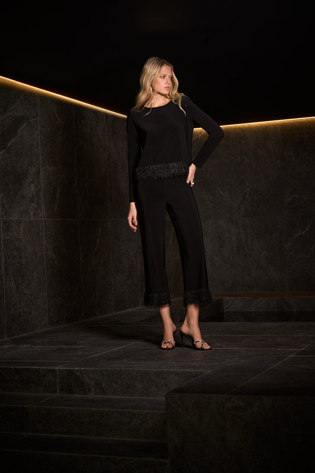 Joseph Ribkoff Black Top with Novelty Fringe.