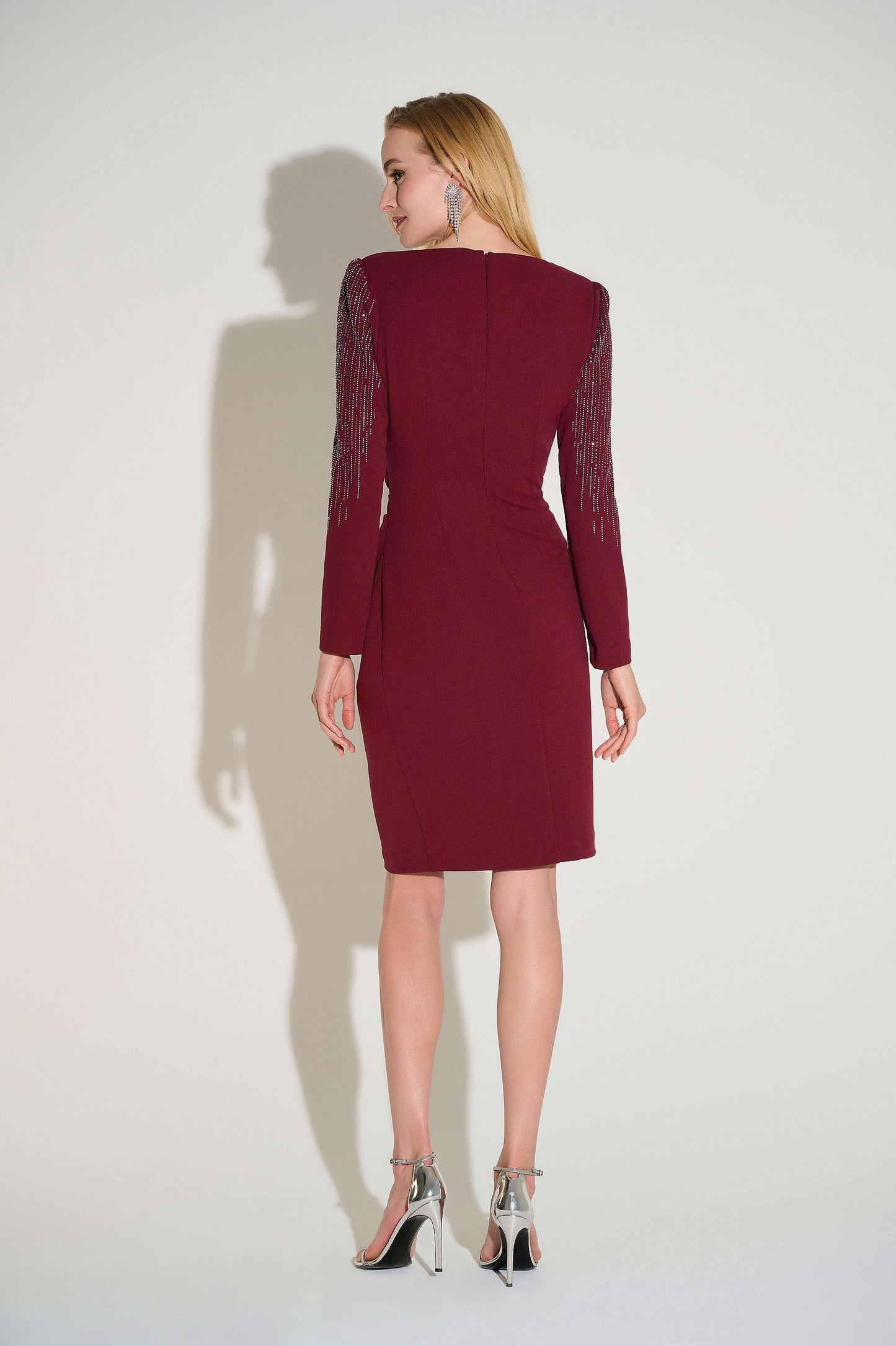 JOSEPH RIBKOFF 253752 Signature | Scuba Crepe Sheath Dress With Embellished Sleeves in Merlot