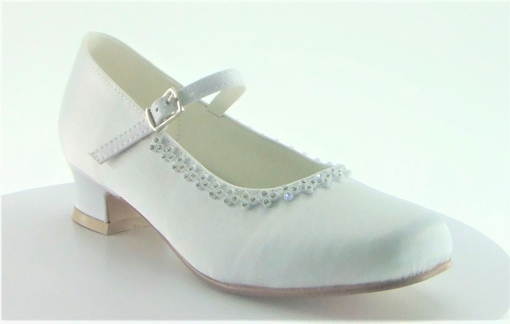 White satin Mary-Jane communion shoes