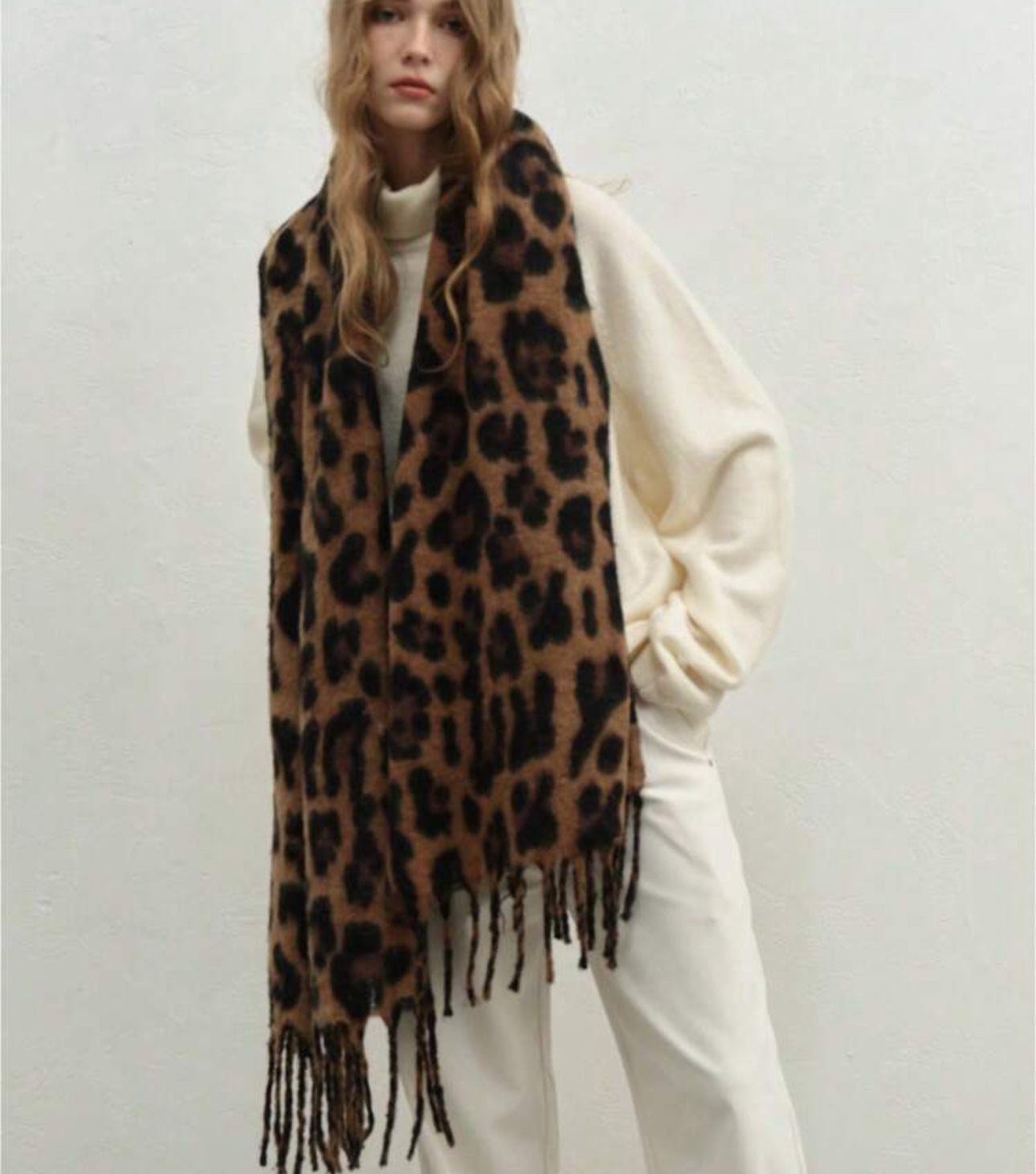 Leopard print oversized fringe scarf