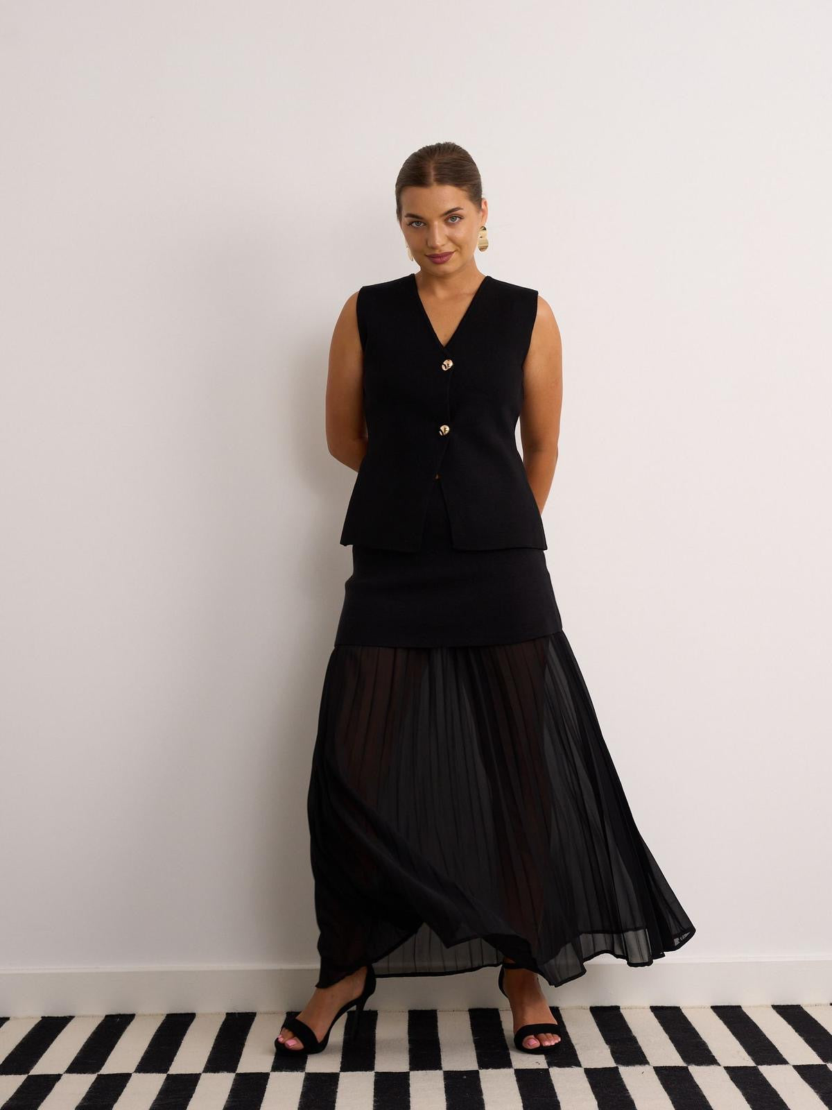 Black sheer pleated maxi skirt
