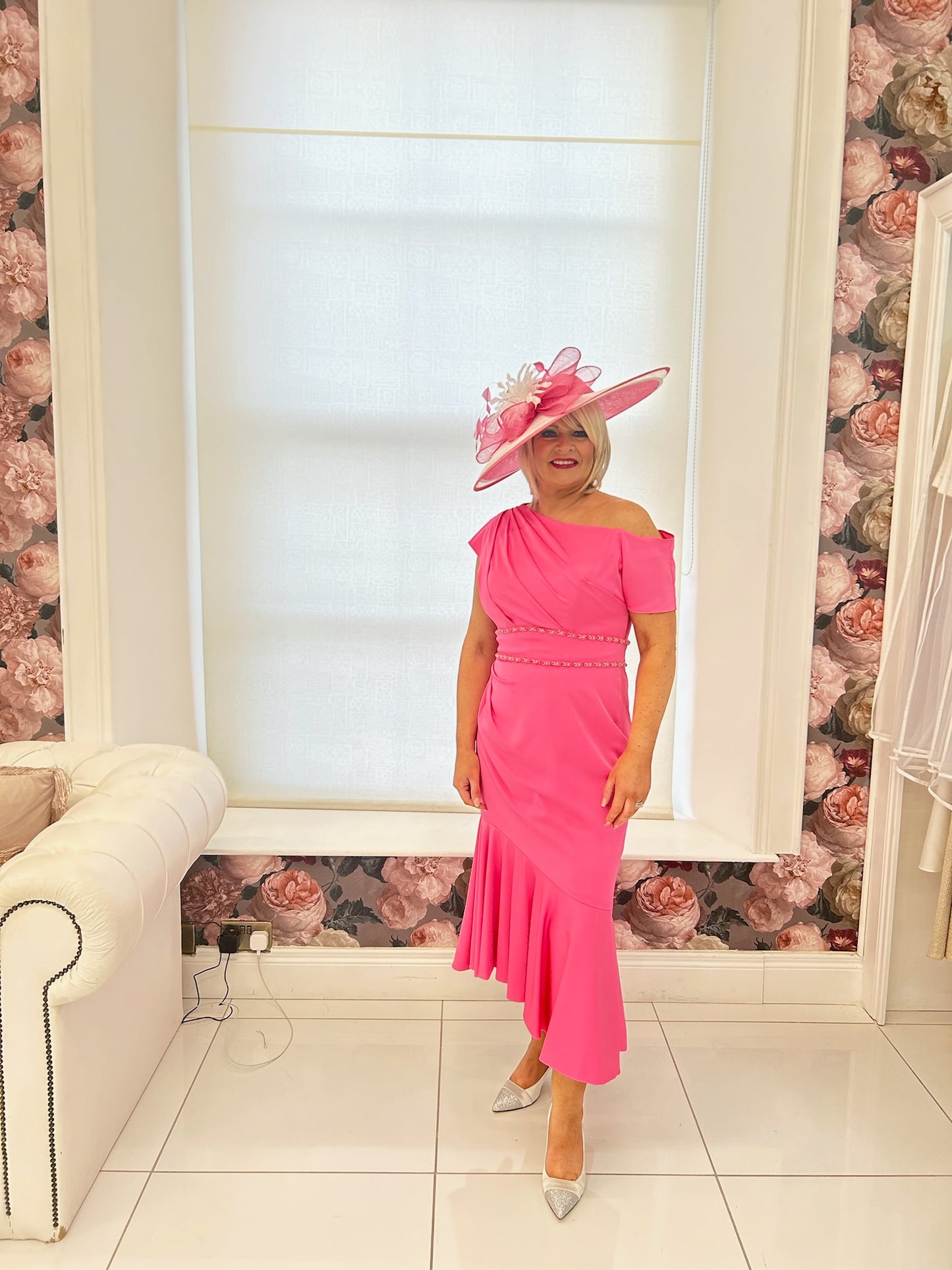 John Charles 66513 Midi Dress With Asymmetric Neckline And Fluted Skirt in Tulip - 66513 SALE!