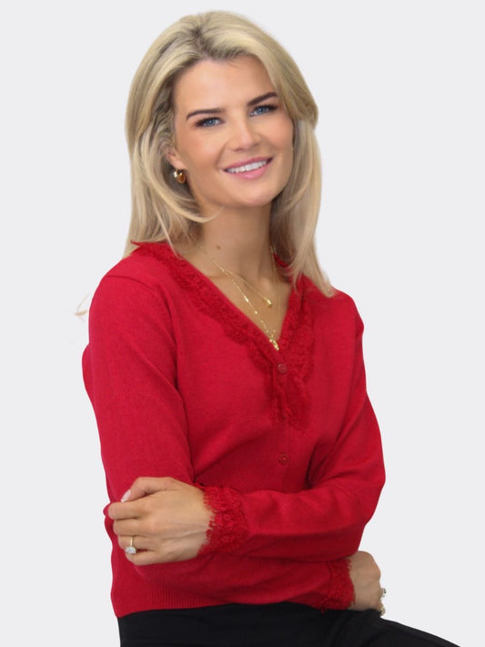 KATE & PIPPA CLO LACE TRIM CARDIGAN IN RED
