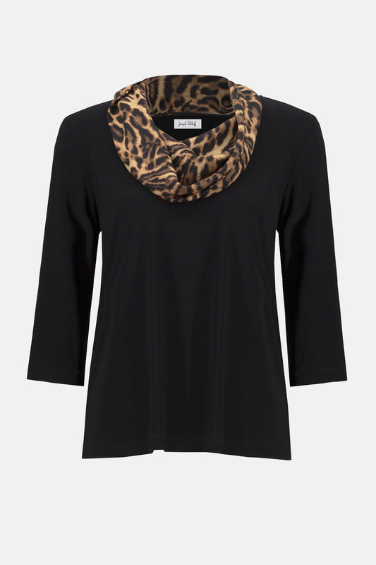 Silky Knit Fitted Top With Satin Animal Print Collar
253222