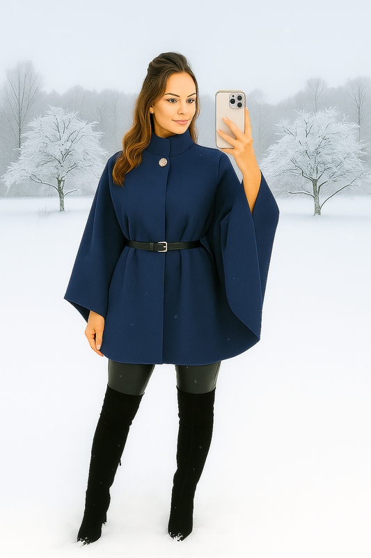 Navy Belted Cape Coat – Free Size (Fits up to 16)