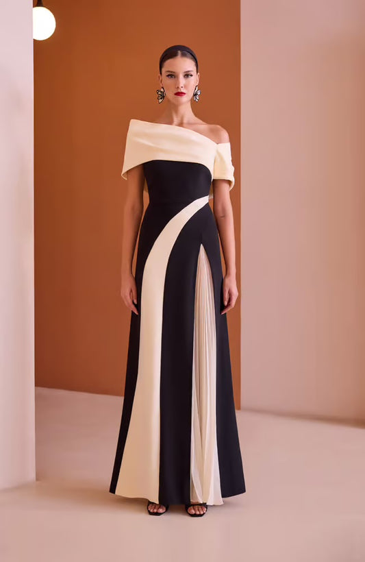 Carla Ruiz Elegant Contrast Off-Shoulder Occasion Dress