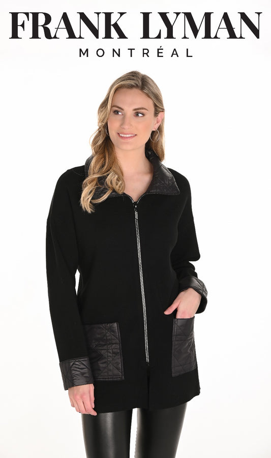 Frank Lyman Black Knit Zip Jacket with Quilted Trim