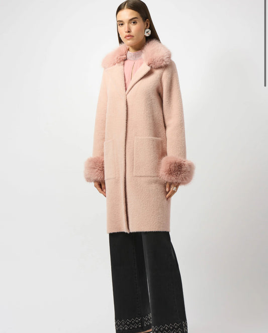 JOSEPH RIBKOFF Feather Yarn and Faux Fur Sweater Coat- 243923F25