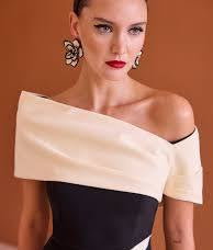 Carla Ruiz Elegant Contrast Off-Shoulder Occasion Dress