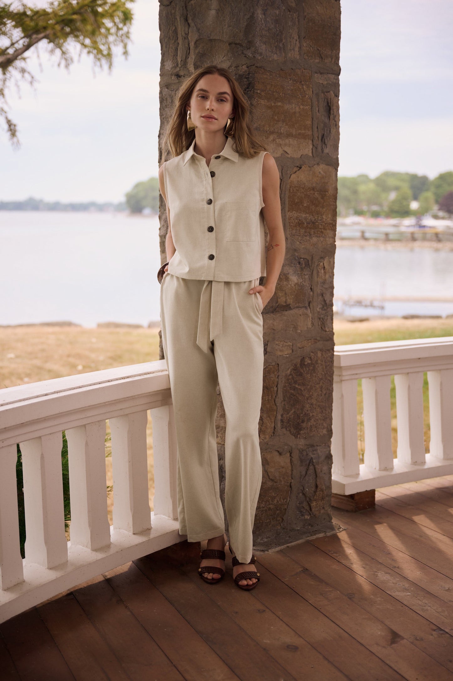 JOSEPH RIBKOFF 262040 Linen Woven Pull-On Wide Leg Pants
