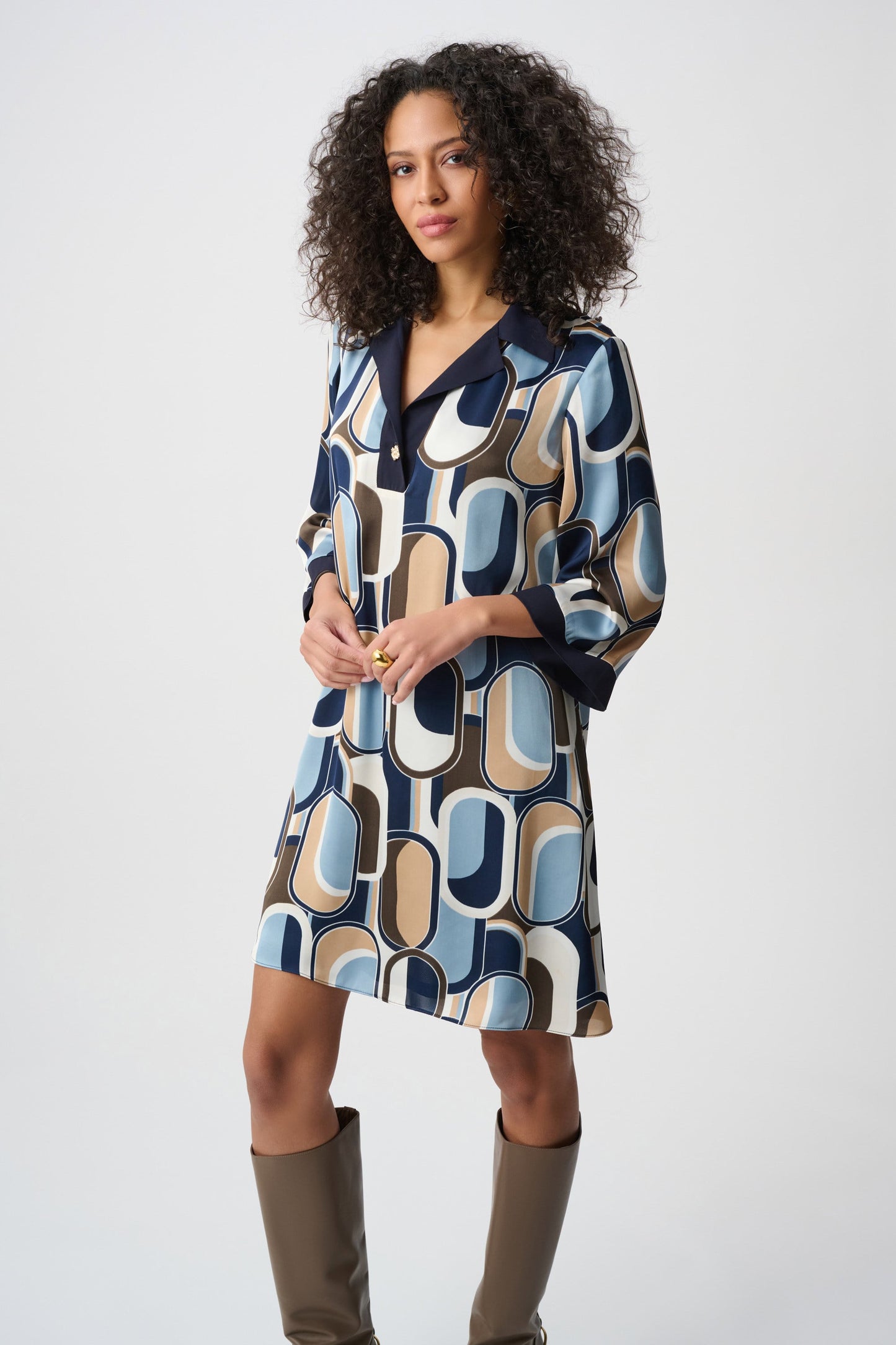 JOSEPH RIBKOFF Recycled Satin Geometric Trapeze Dress 263064