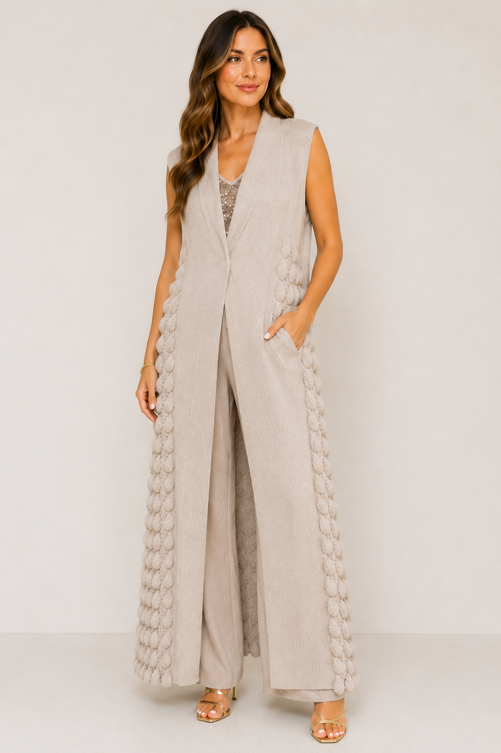 Long Textured Waistcoat – Stone