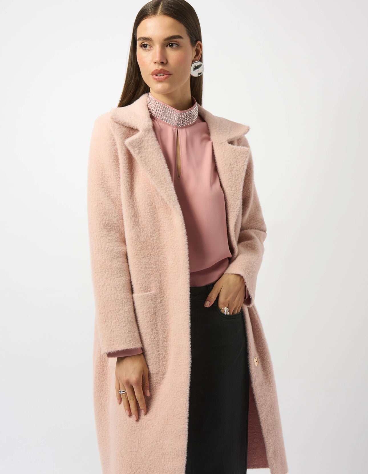 JOSEPH RIBKOFF Feather Yarn and Faux Fur Sweater Coat- 243923F25