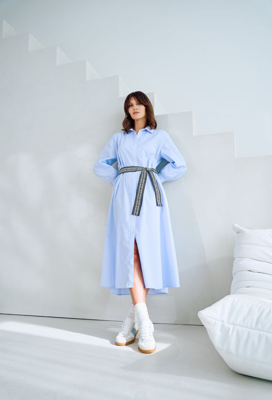 TUZZI  soft blue striped shirt dress