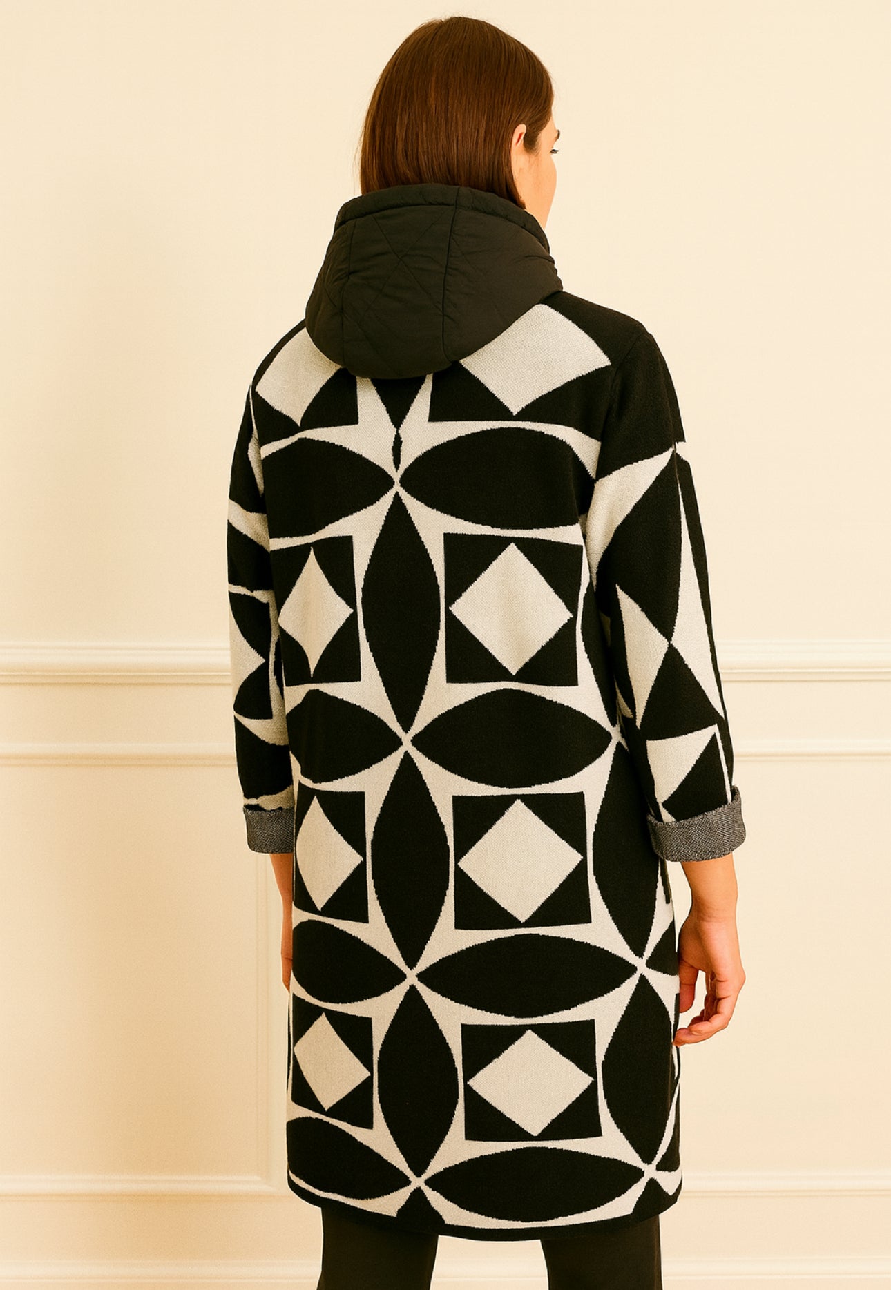 FRANK LYMAN Quilted Geometric Knee-Length Coat Style- 243416