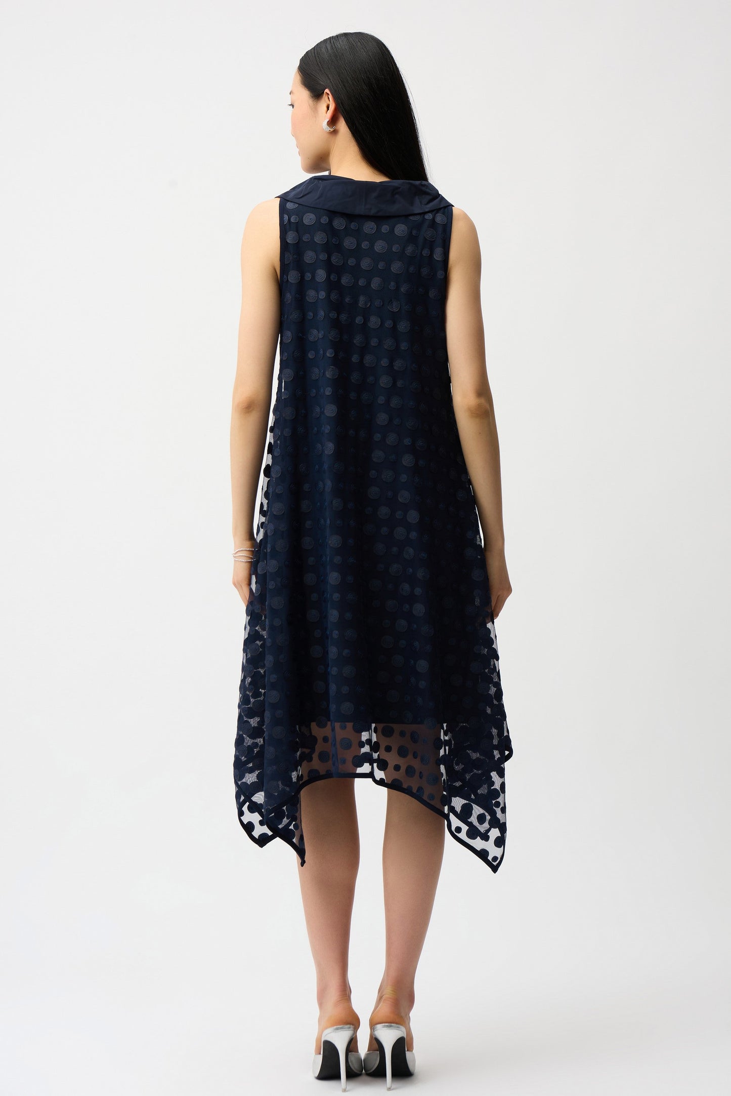 JOSEPH RIBKOFF 261299 Dot Embroidered Mesh Handkerchief Dress With Cowl Collar