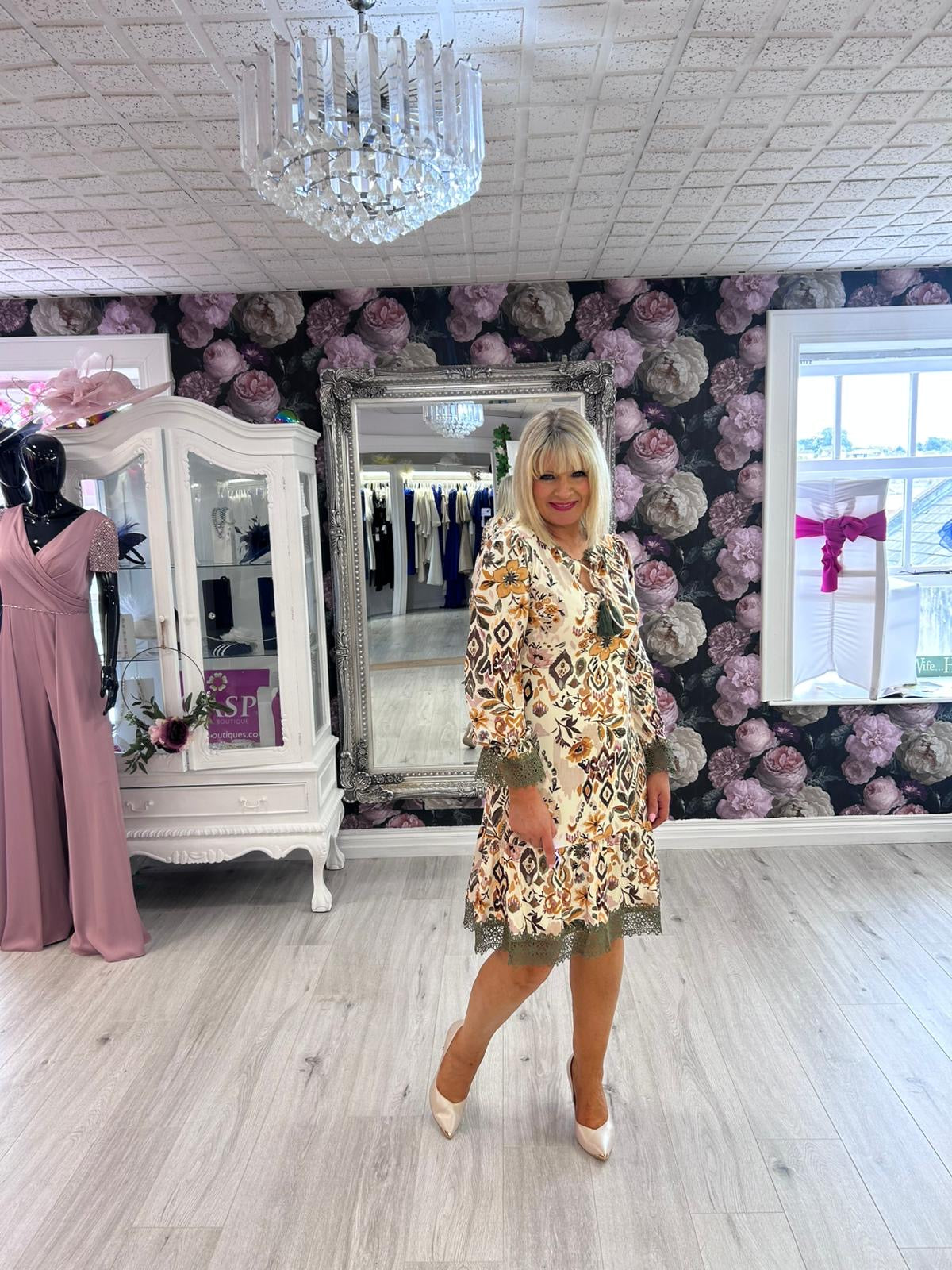 K Design Floral Print Dress with Khaki Crochet Trim – Style B114