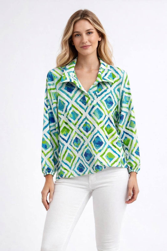 Yew Geometric Print Blouse – Green & Blue