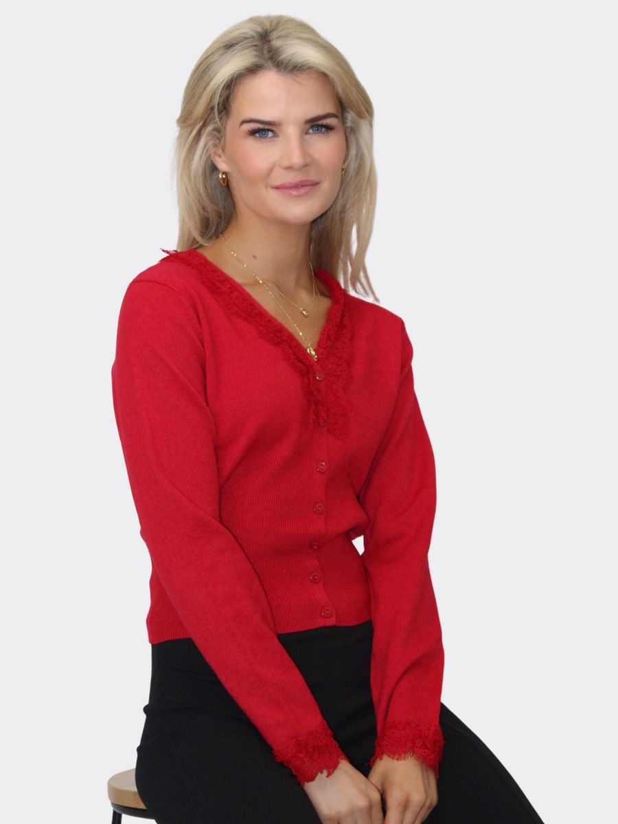 KATE & PIPPA CLO LACE TRIM CARDIGAN IN RED