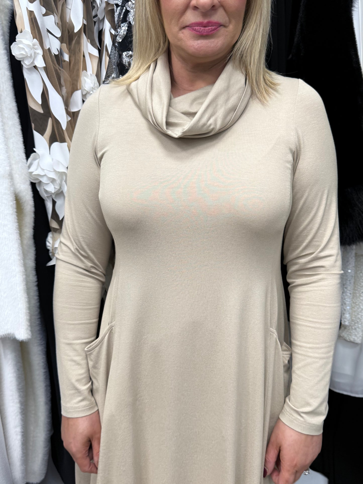 Noen Cowl Neck Pocket Dress – Relaxed A-Line Midi