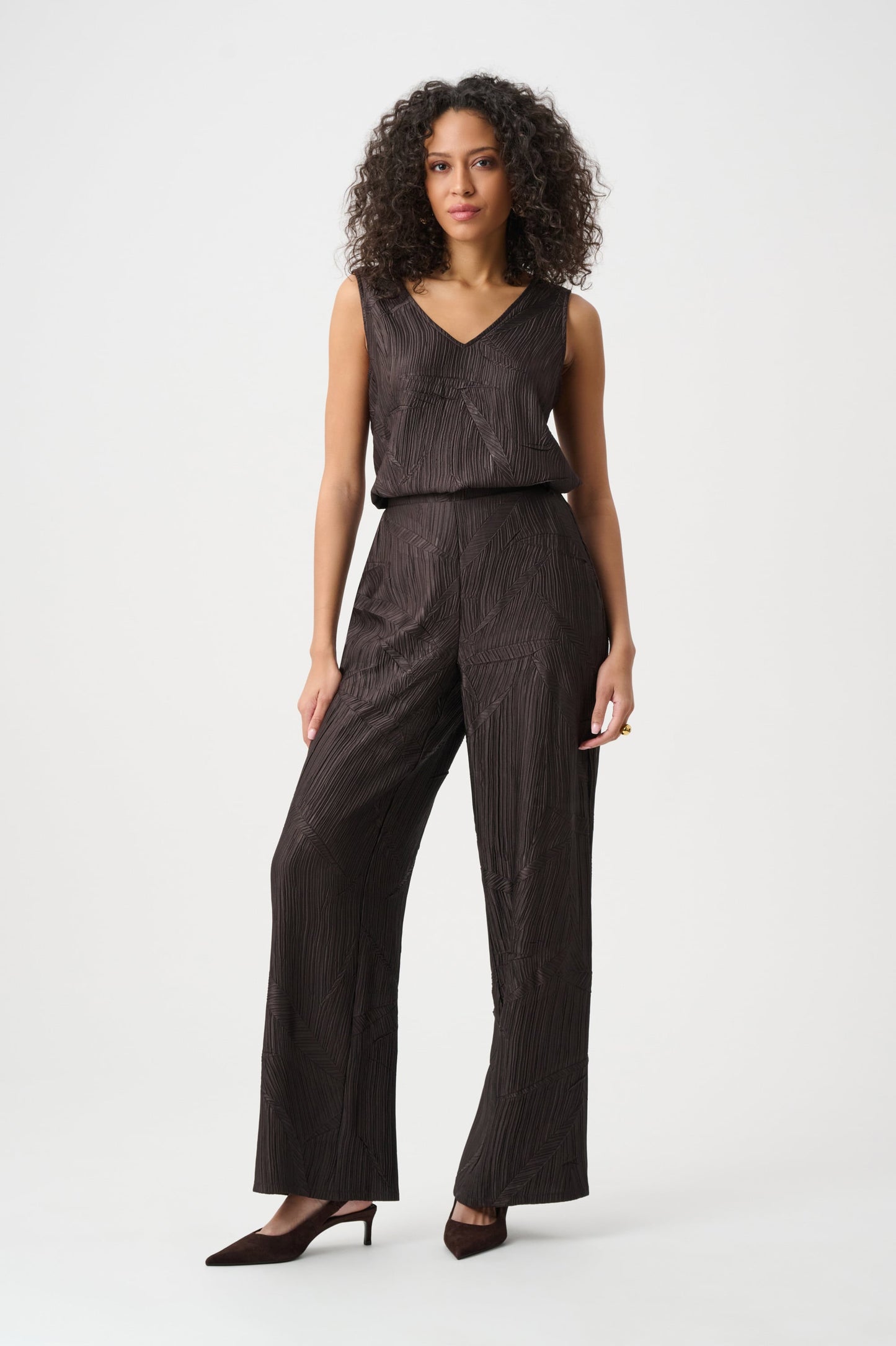 JOSEPH RIBKOFF Pleated Satin Flared V-Neck Top 263051