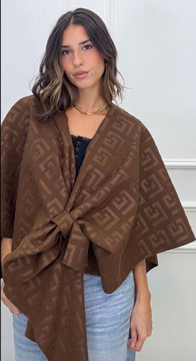 jacquard Tie-Front Cape Wrap – Brown